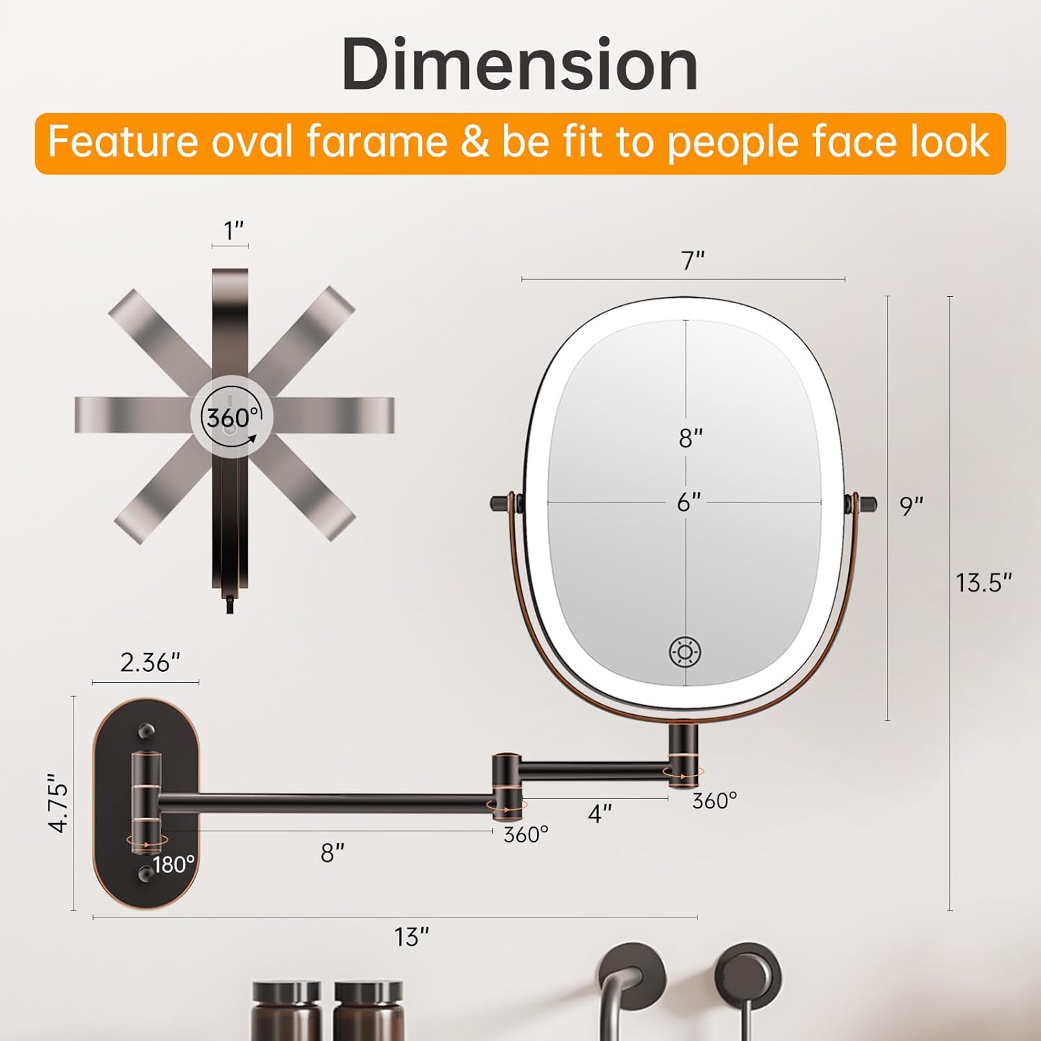 Rechargeable LED Wall-Mounted Makeup Mirror with 7x Magnification