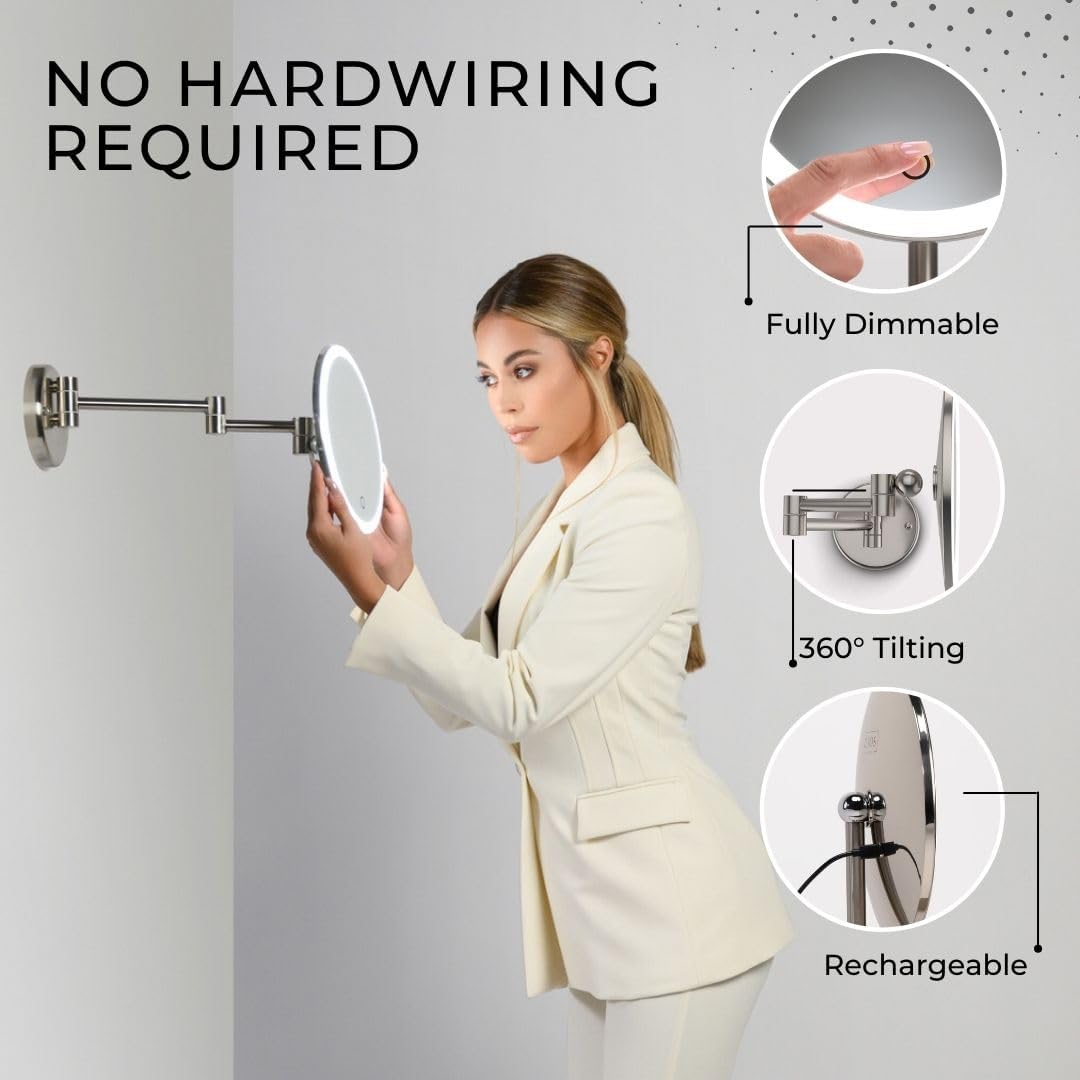 Cordless LED Rechargeable Wall Mirror with Extension Arm