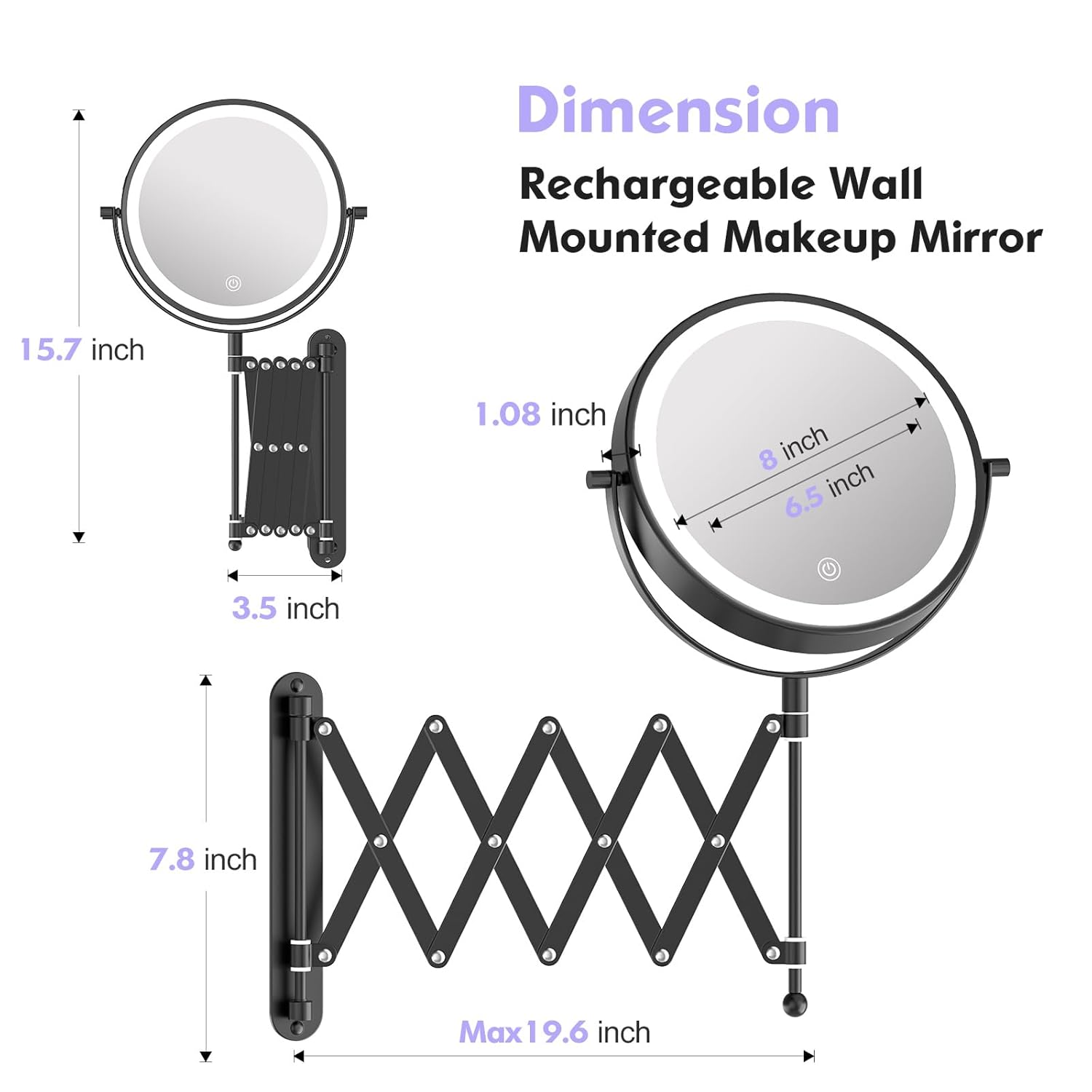 Freely Rotate 360 8X-10X MagnifyingDimable LightsPortableWall-Mounted MakeupMirror