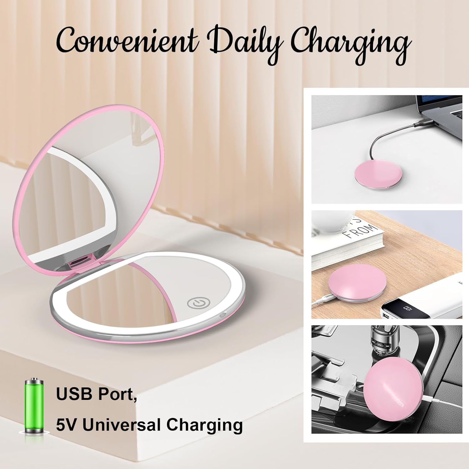Zipper-Ready Compact Mirror with 1X3X Magnification