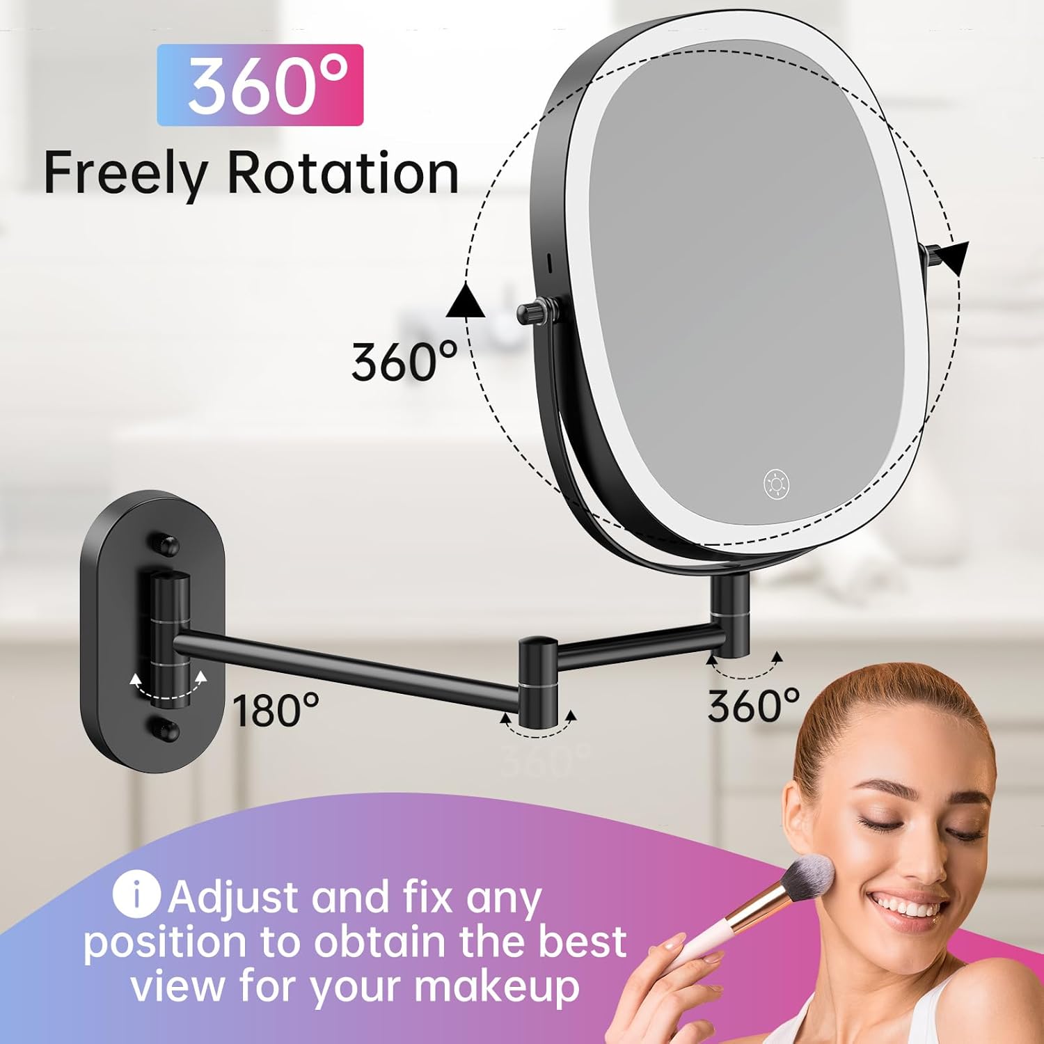 Durable Wall-Mounted Makeup Vanity Mirror with Rechargeable LED 1x7x Magnification