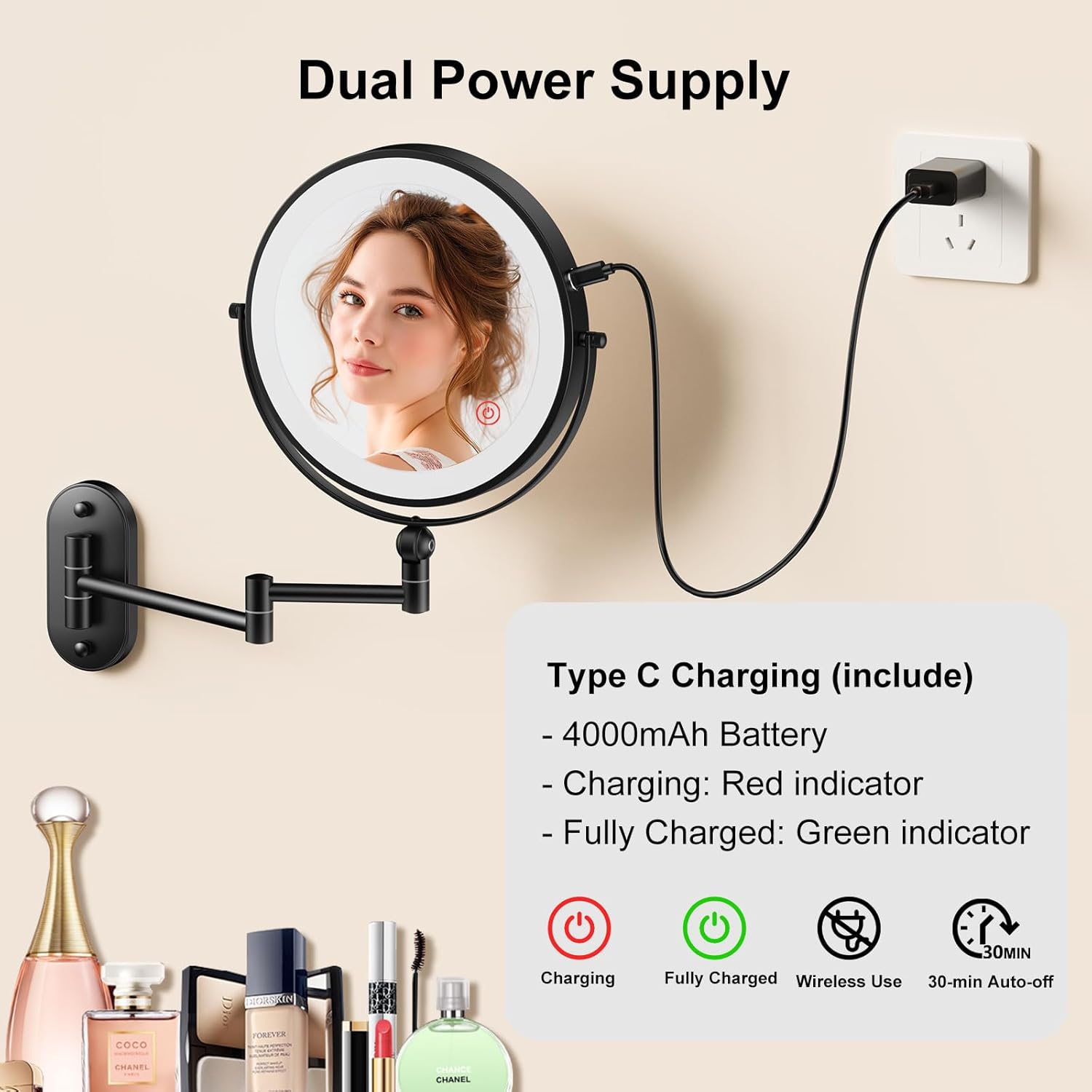 9 Inch Wall Mounted Lighted Makeup Mirror with 1X10X Magnification