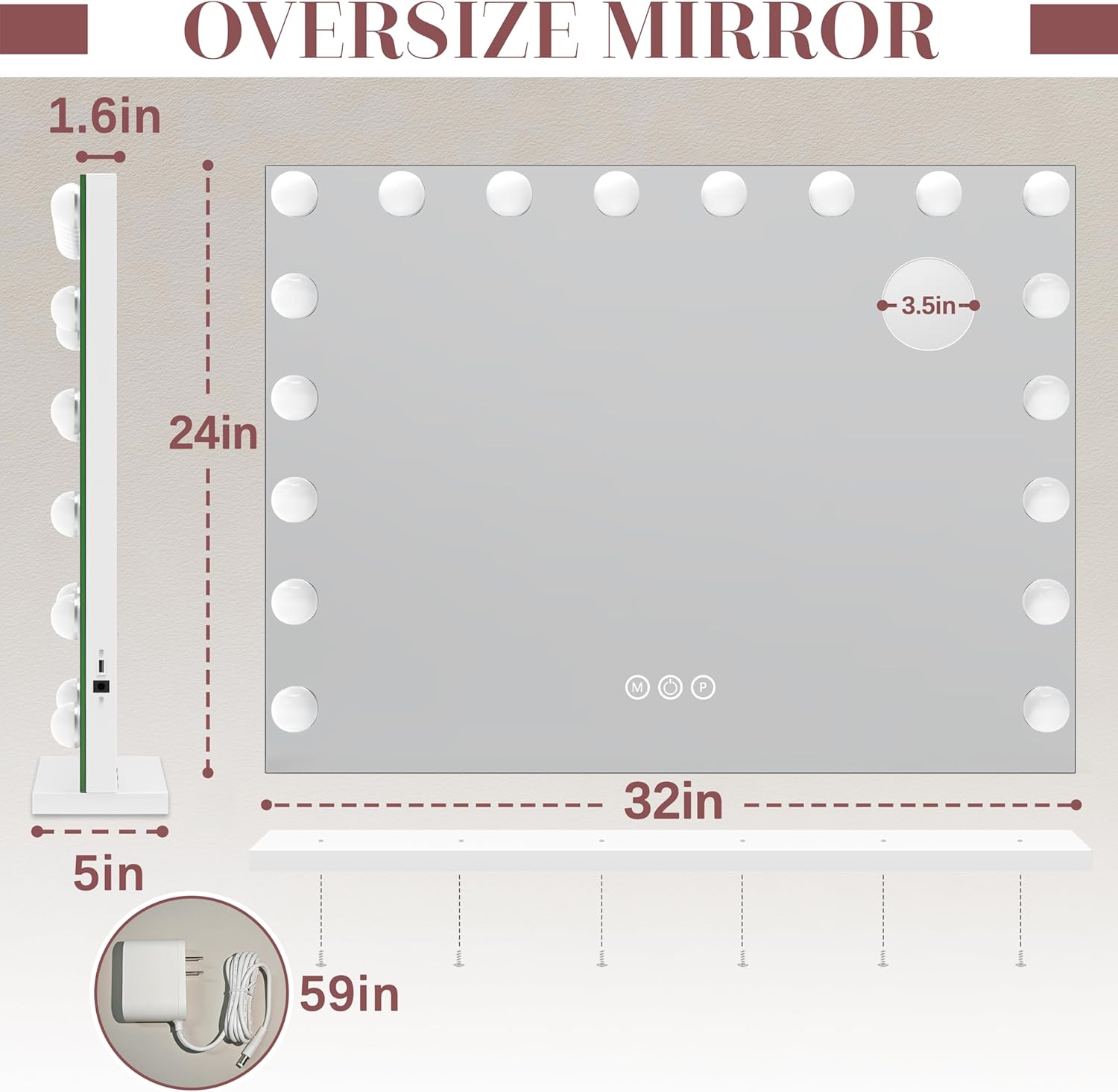 Extra-Large Hollywood Vanity Mirror with LED Lights and USB Charging