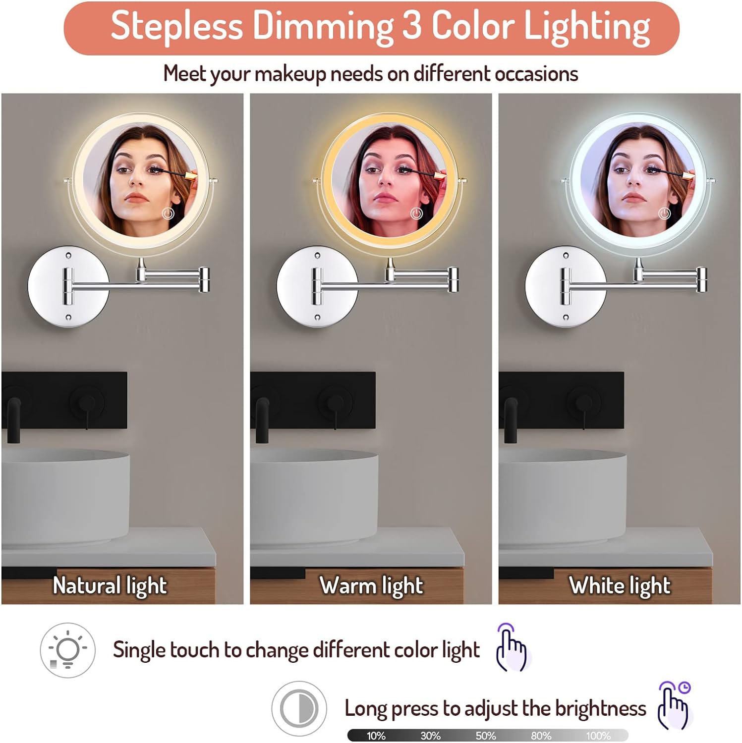 Chargable 3-Sided LED Makeup Mirror with Extendable Design