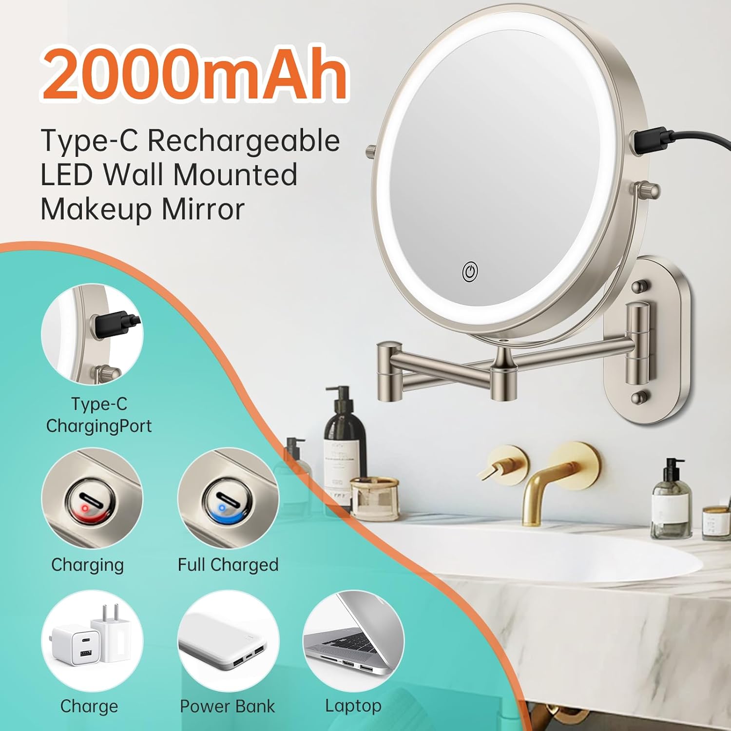 Wall-Mounted Lighted Makeup Vanity Mirror With Rechargeable Battery 360-Degree Rotation