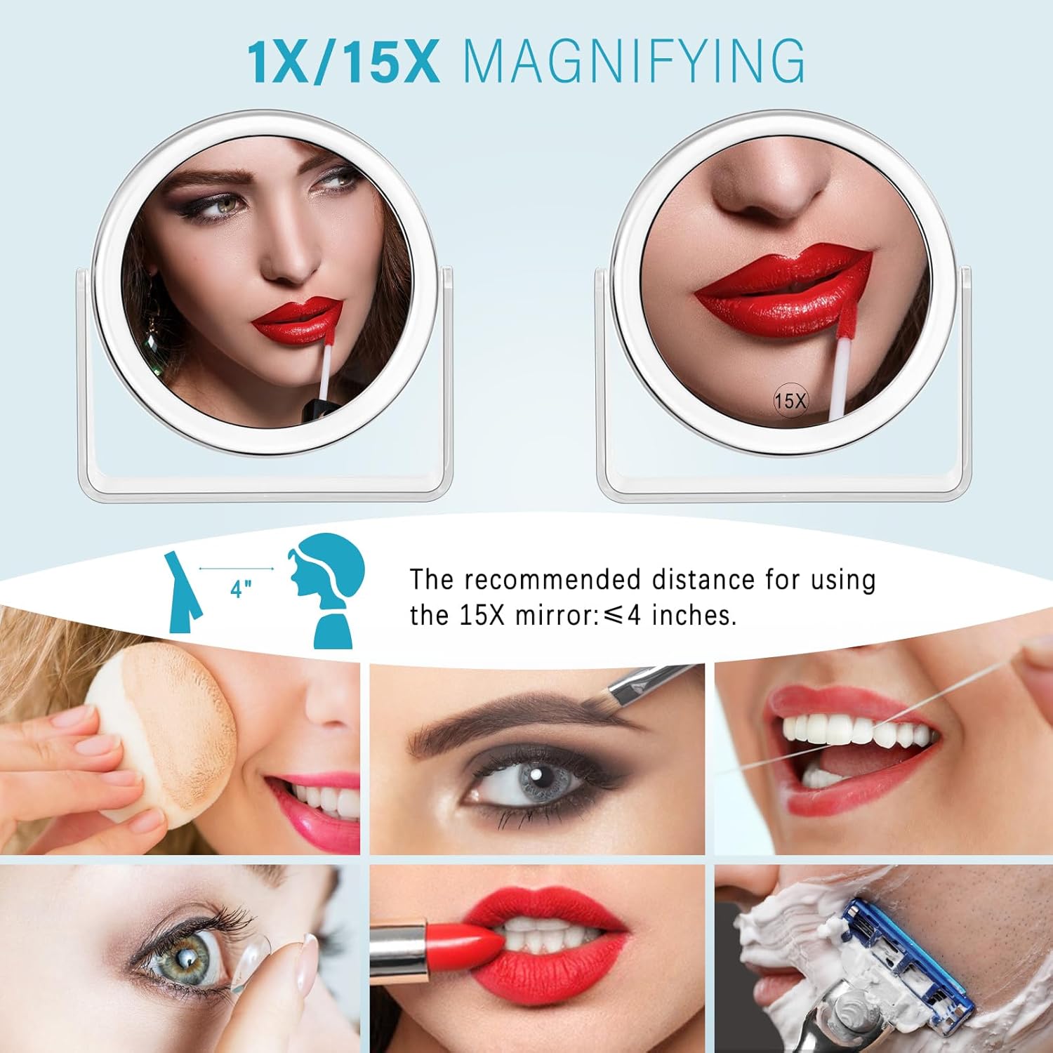 Elegant 15X Vanity Mirror with 360-Degree Rotation and 1X15X Swivel