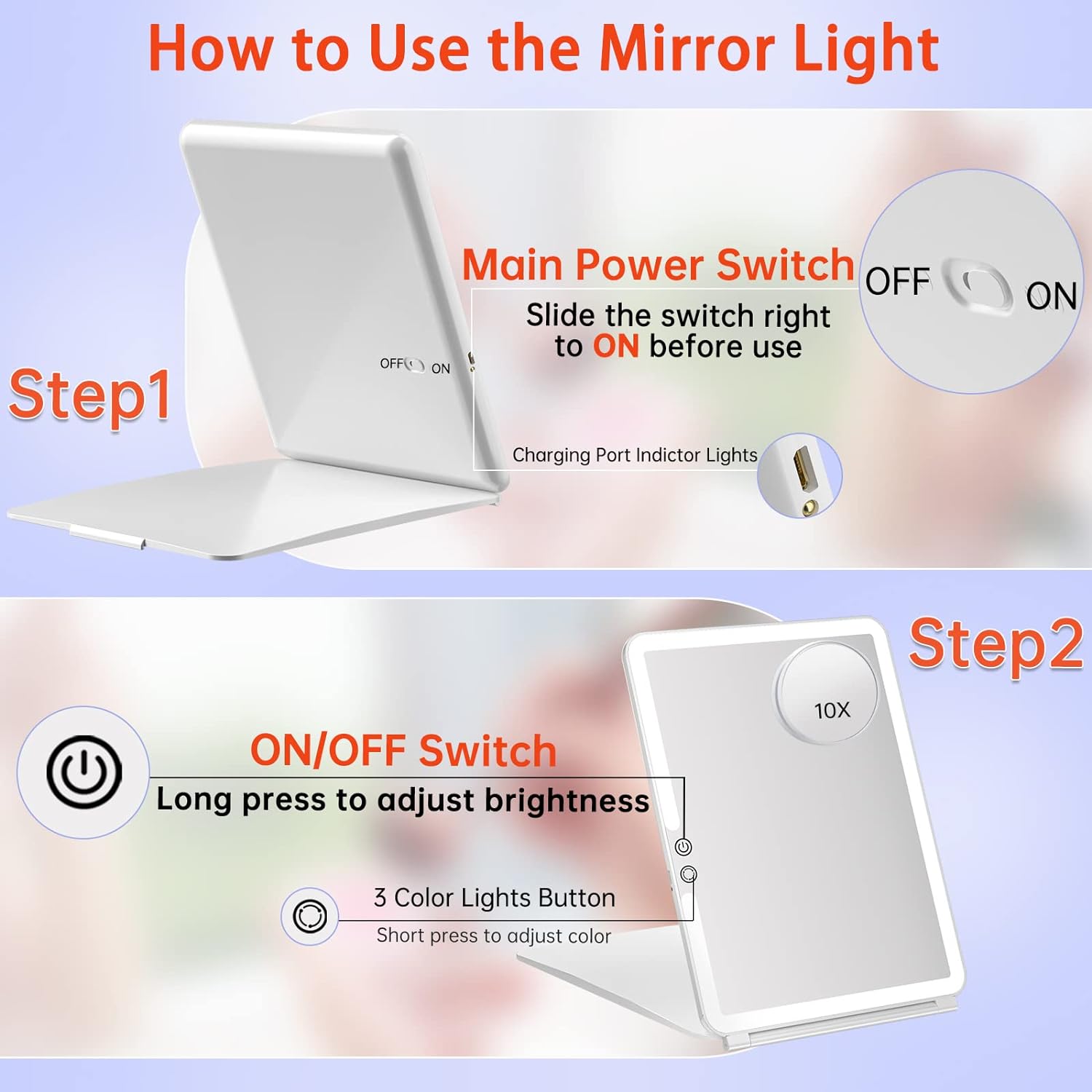 FUNTOUCH 1800mAh Rechargeable Makeup Mirror with Lights