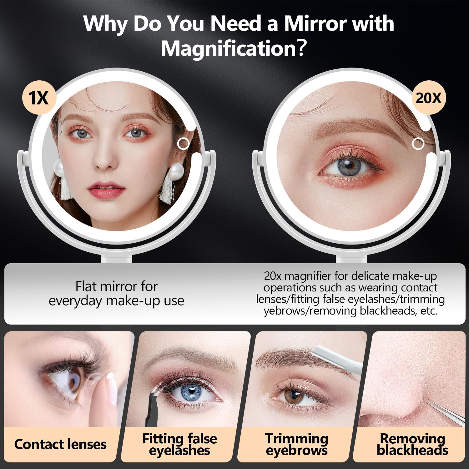 Perfect Dual-Sided 1x20x Magnifying Mirror with Lights Touch Switch