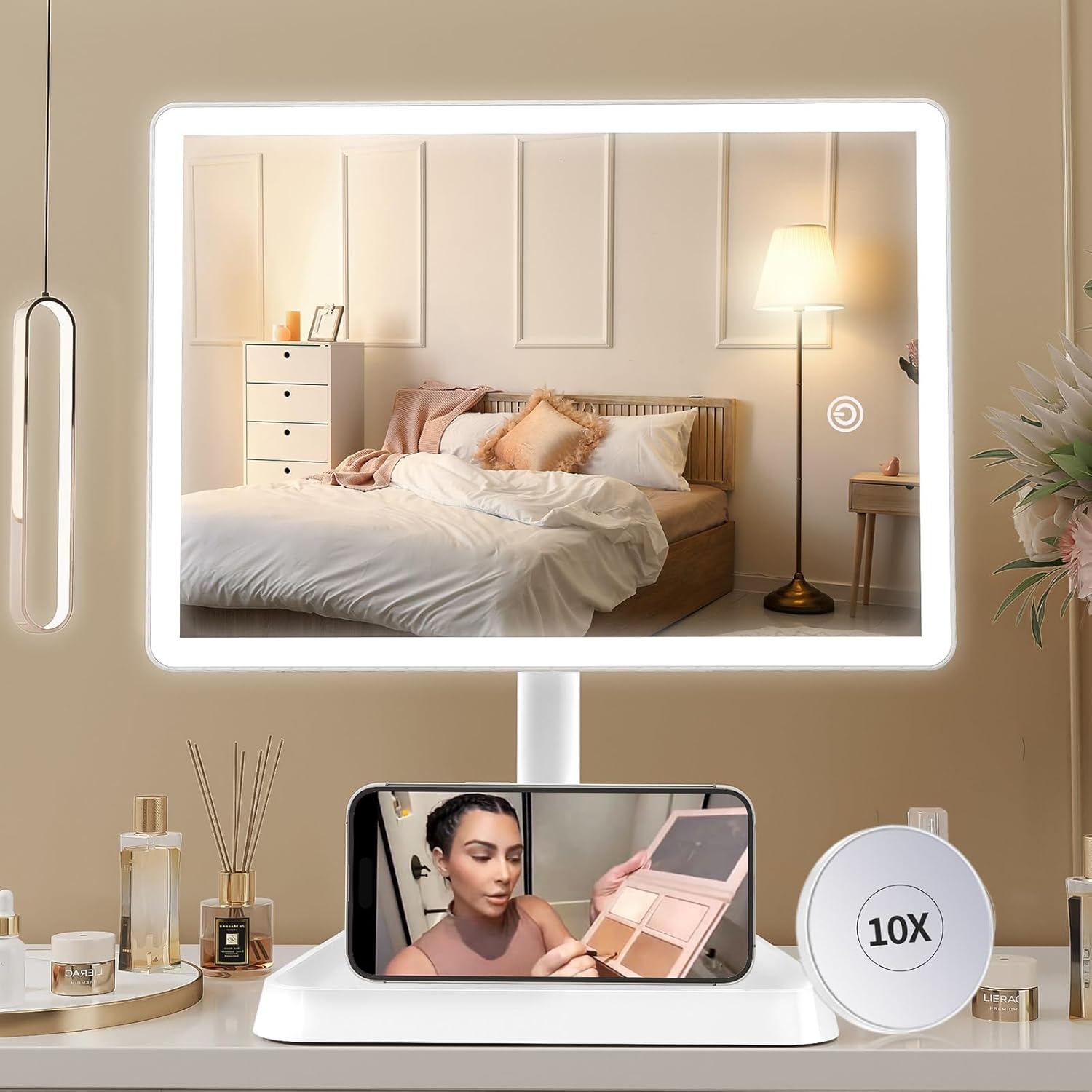 FUNTOUCH Rechargeable Makeup Mirror with Lights Phone Holder