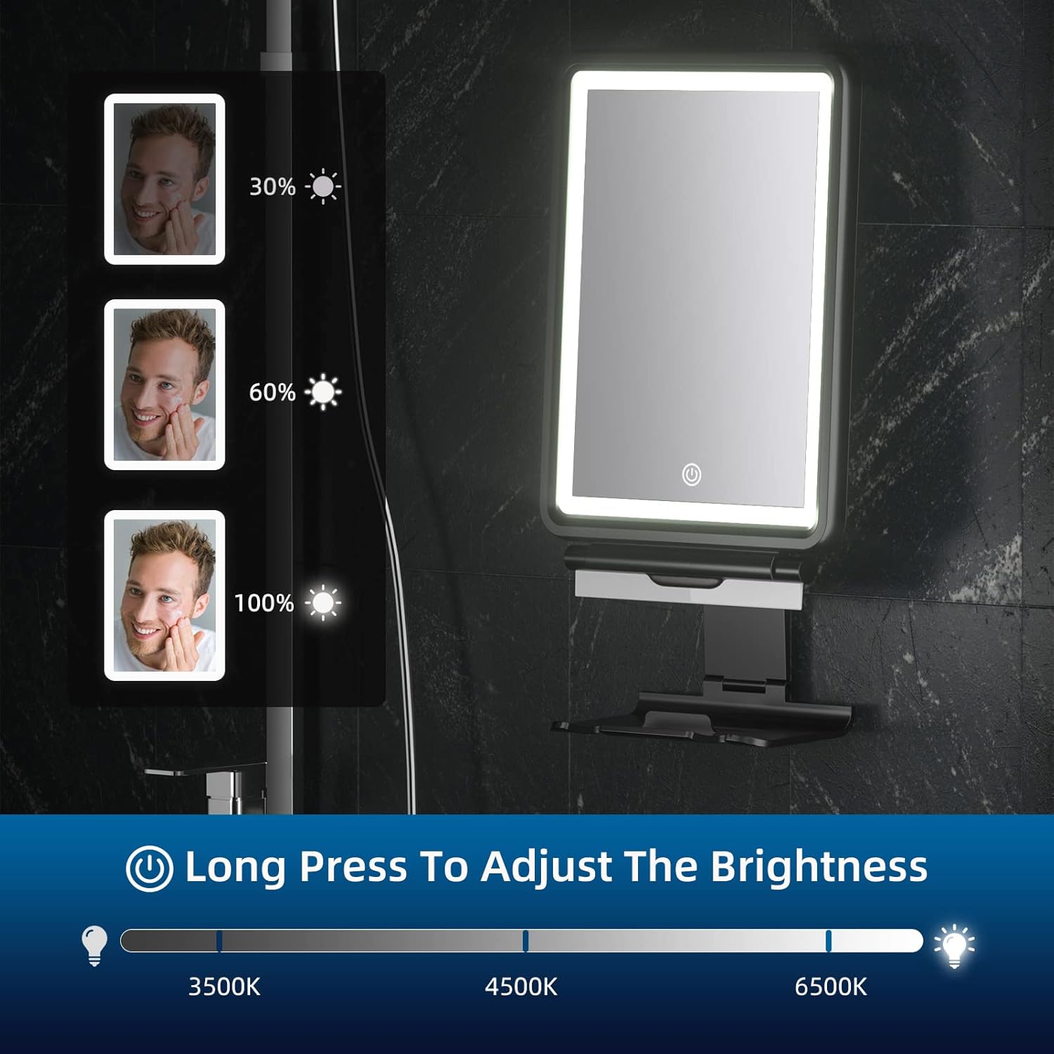 No Fog shower mirror with Squeegee 3-light modes
