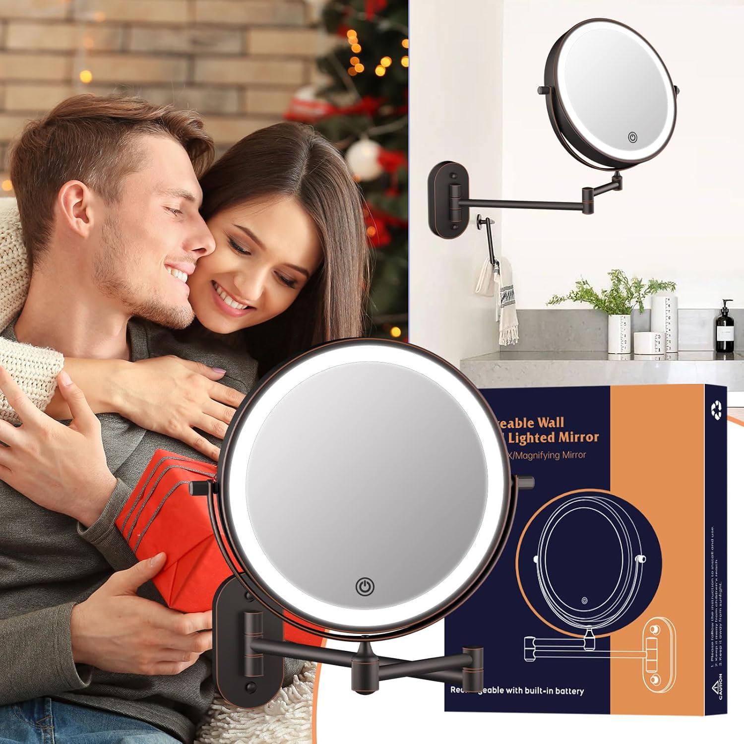 FUNTOUCH Rechargeable Wall Mount Makeup Mirror 8 Inch Double Sided 10X Magnification