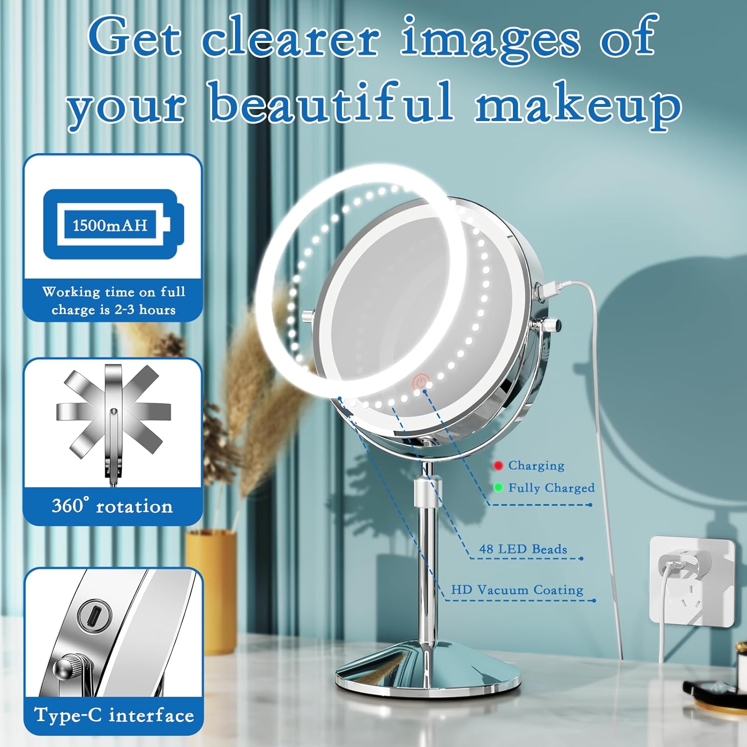 Vanity Mirror with Lights 7 Rechargeable 1x10x Lighted Makeup Mirror