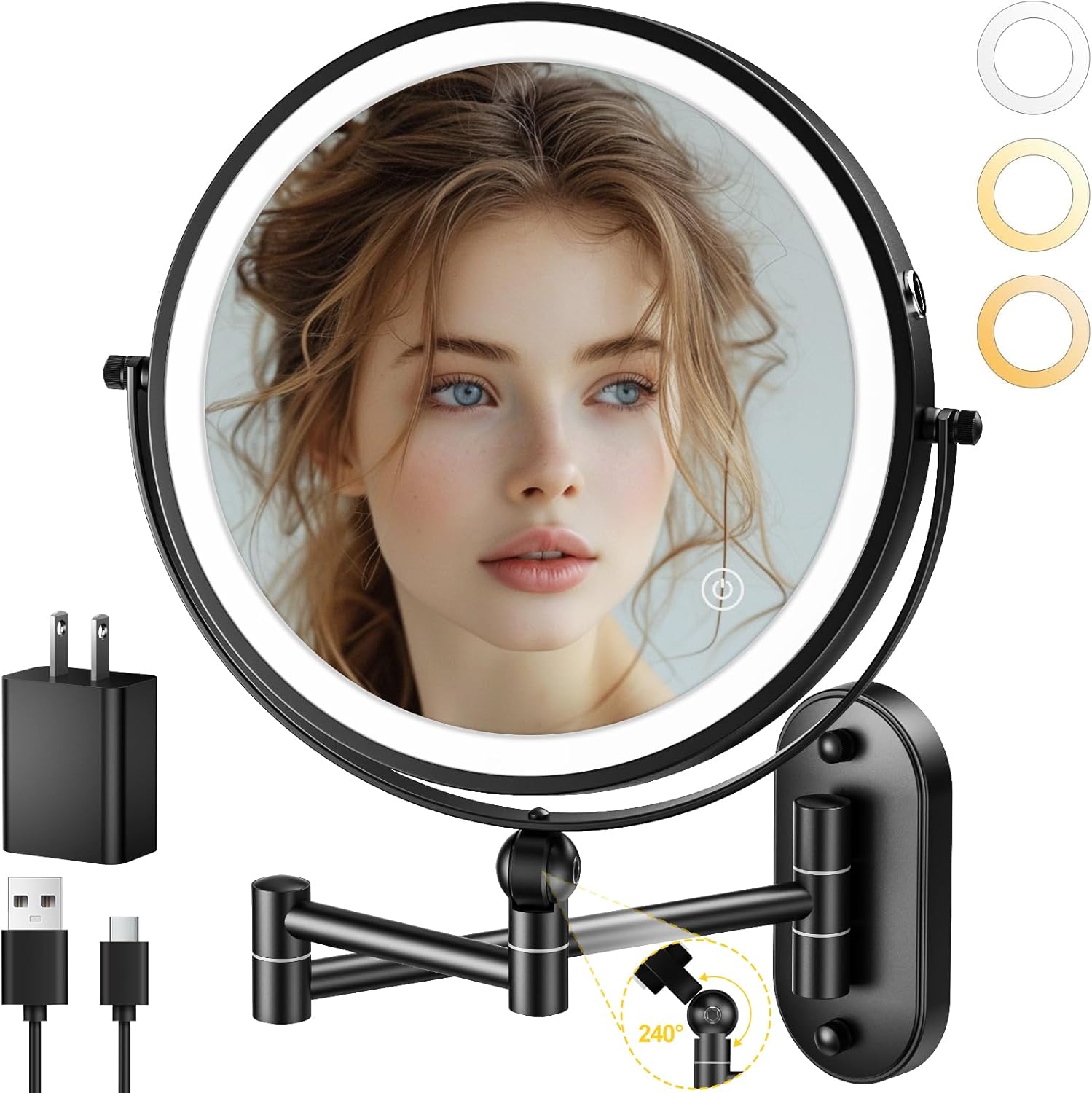 9 Inch Wall Mounted Lighted Makeup Mirror with 1X10X Magnification