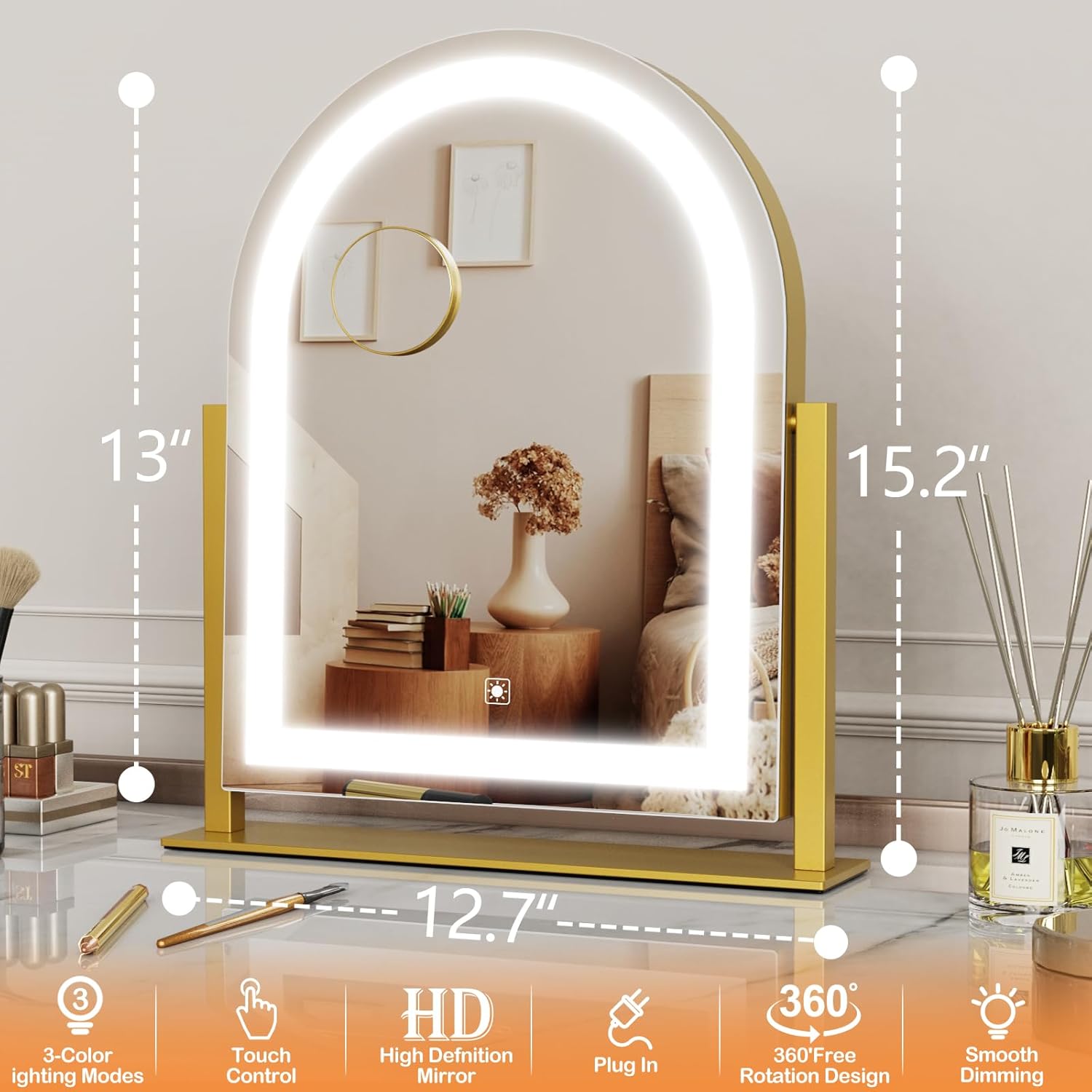 Curved Lighted Makeup Mirror with 360 Rotation