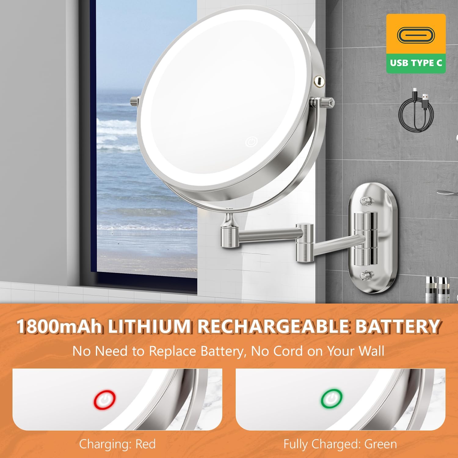 Wall-Mounted Digital Makeup Mirror 8 with 1X10X Magnification