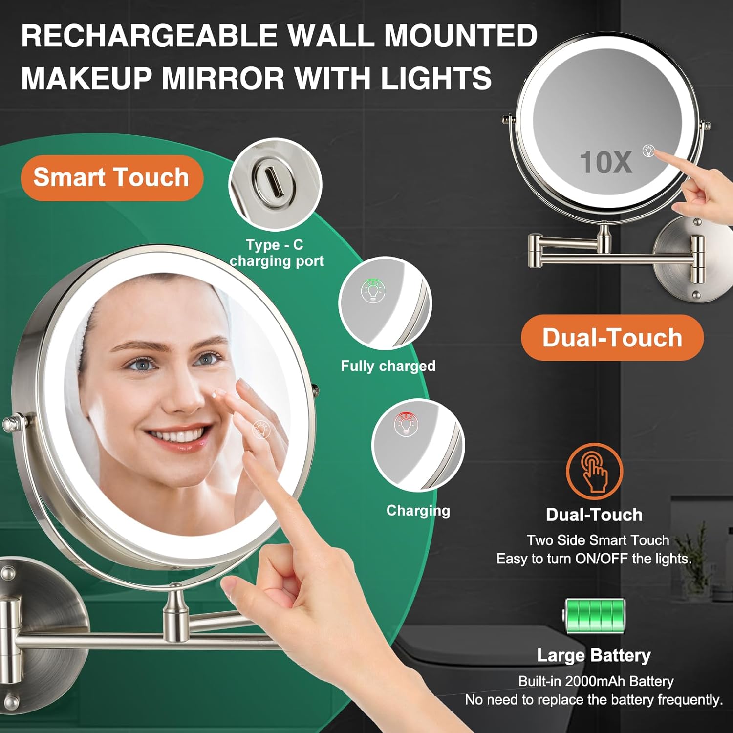 Rechargeable LED Wall-Mounted Makeup Mirror
