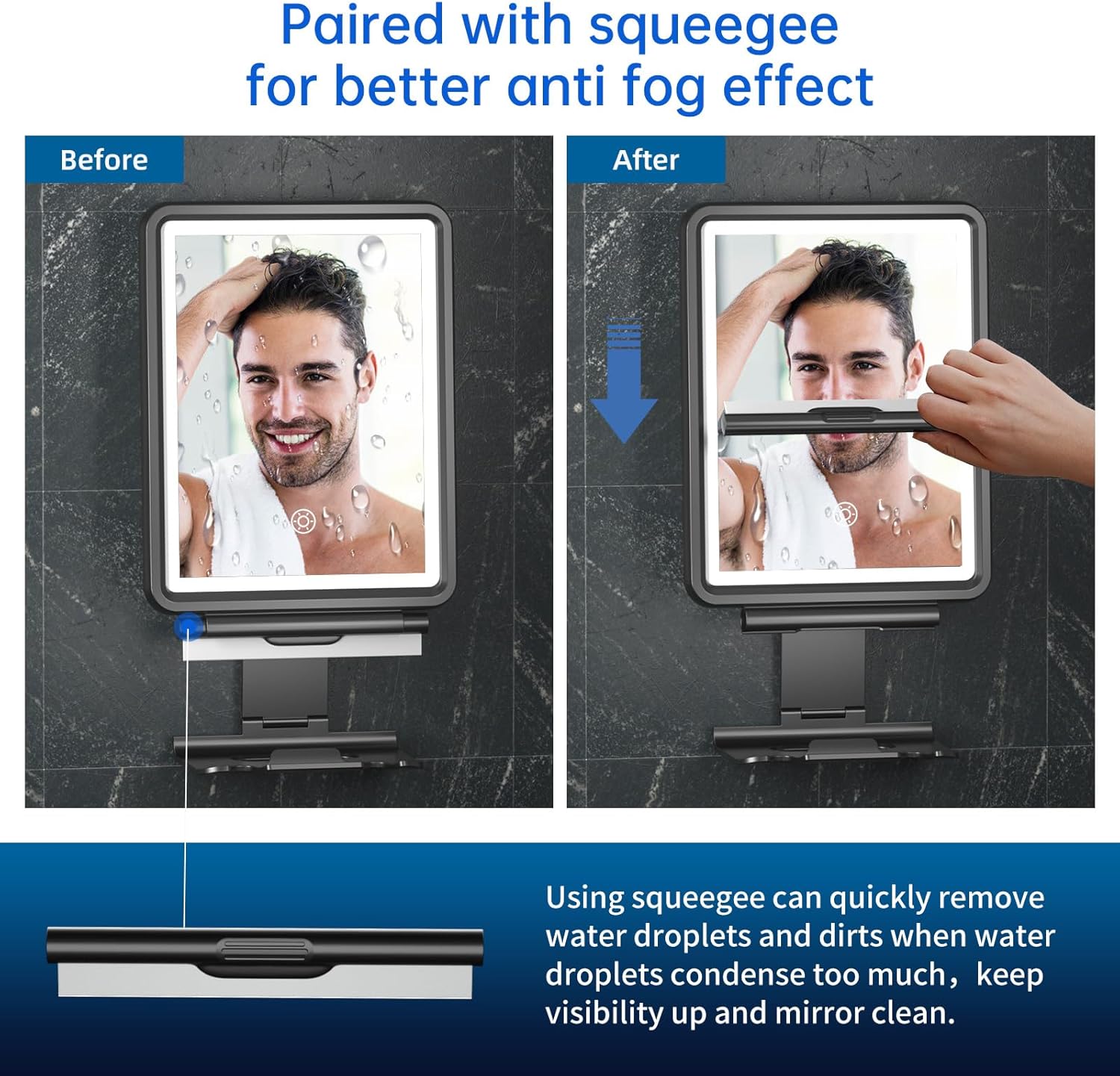 No Fog shower mirror with Squeegee 3-light modes