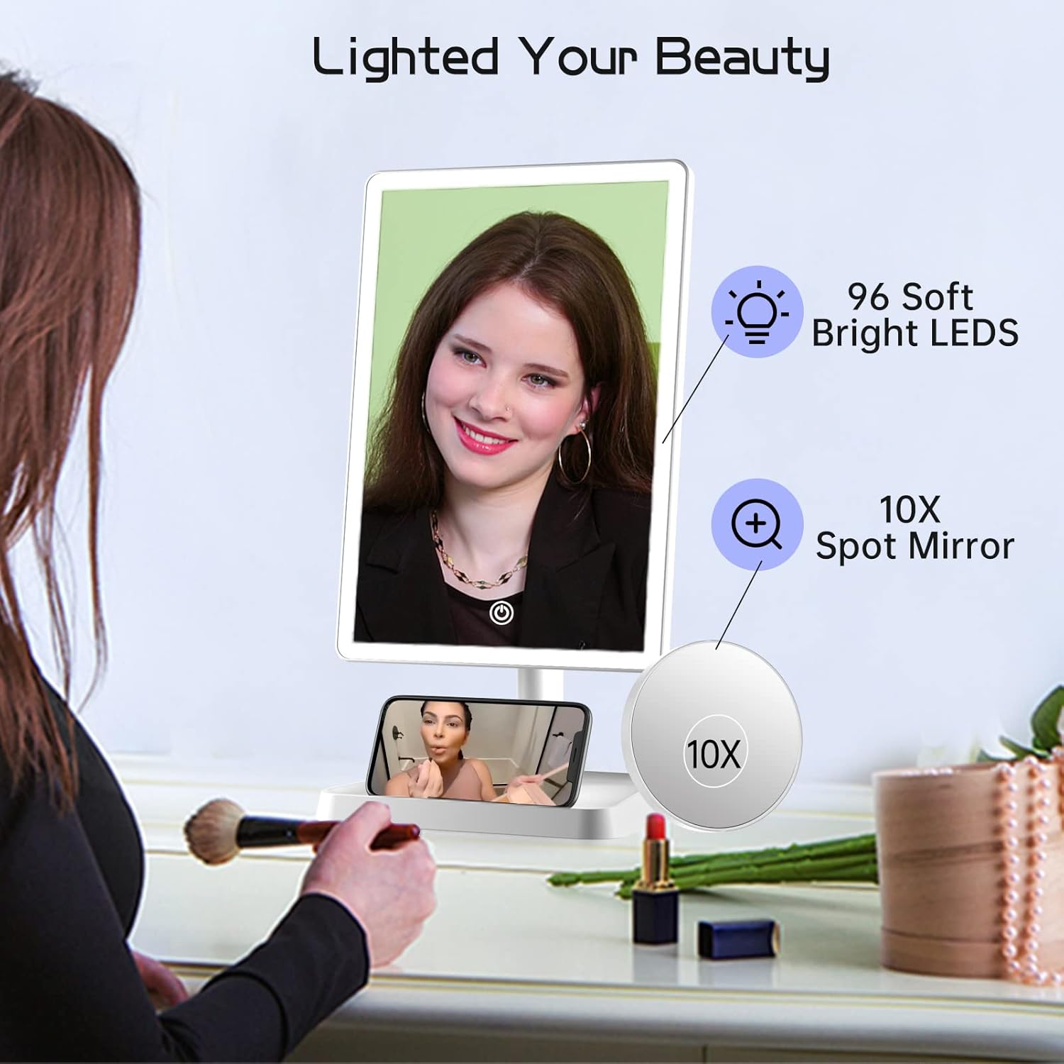 FUNTOUCH Rechargeable Makeup Mirror with Lights Phone Holder