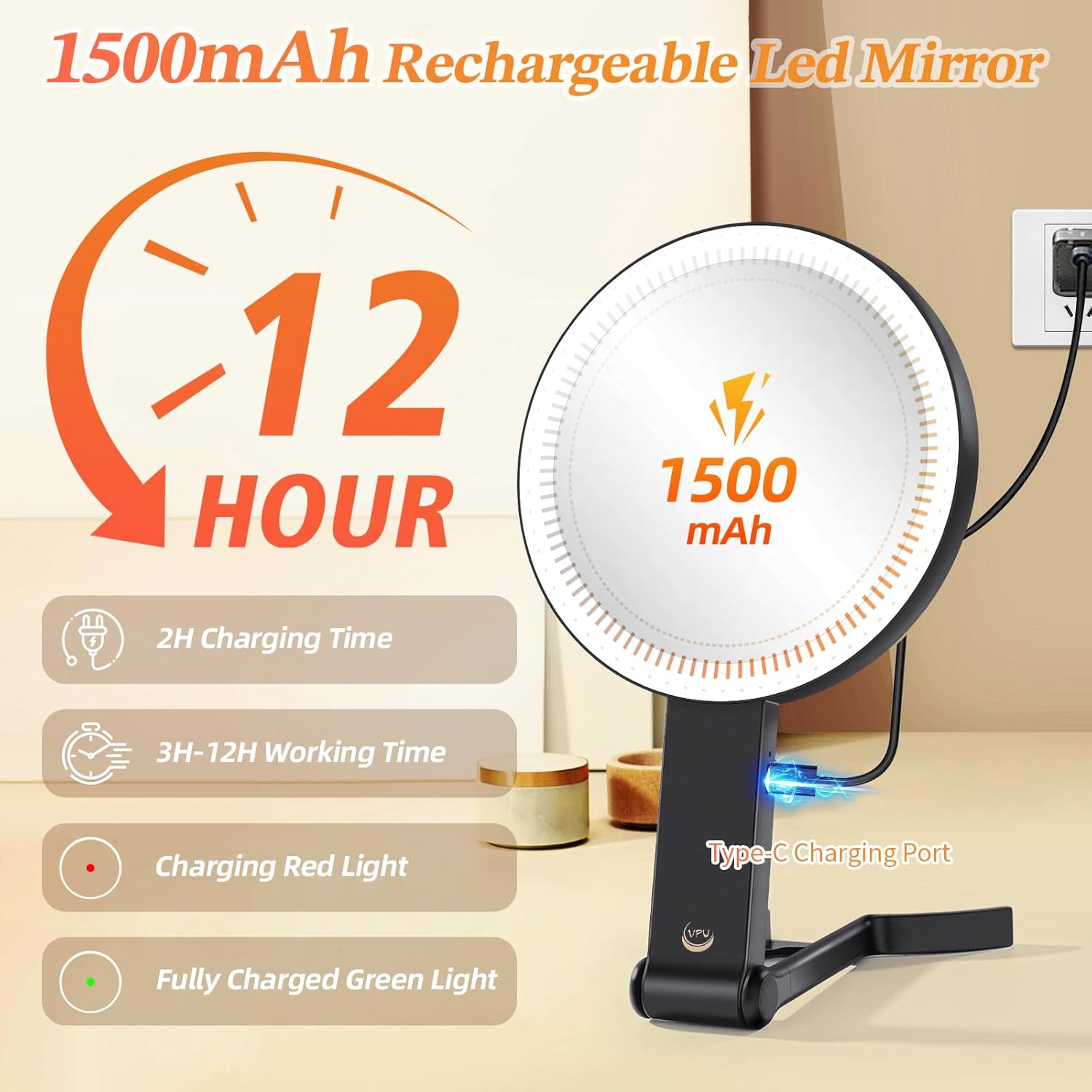 Compact Travel Makeup Mirror for Women with 3 Lighting Modes