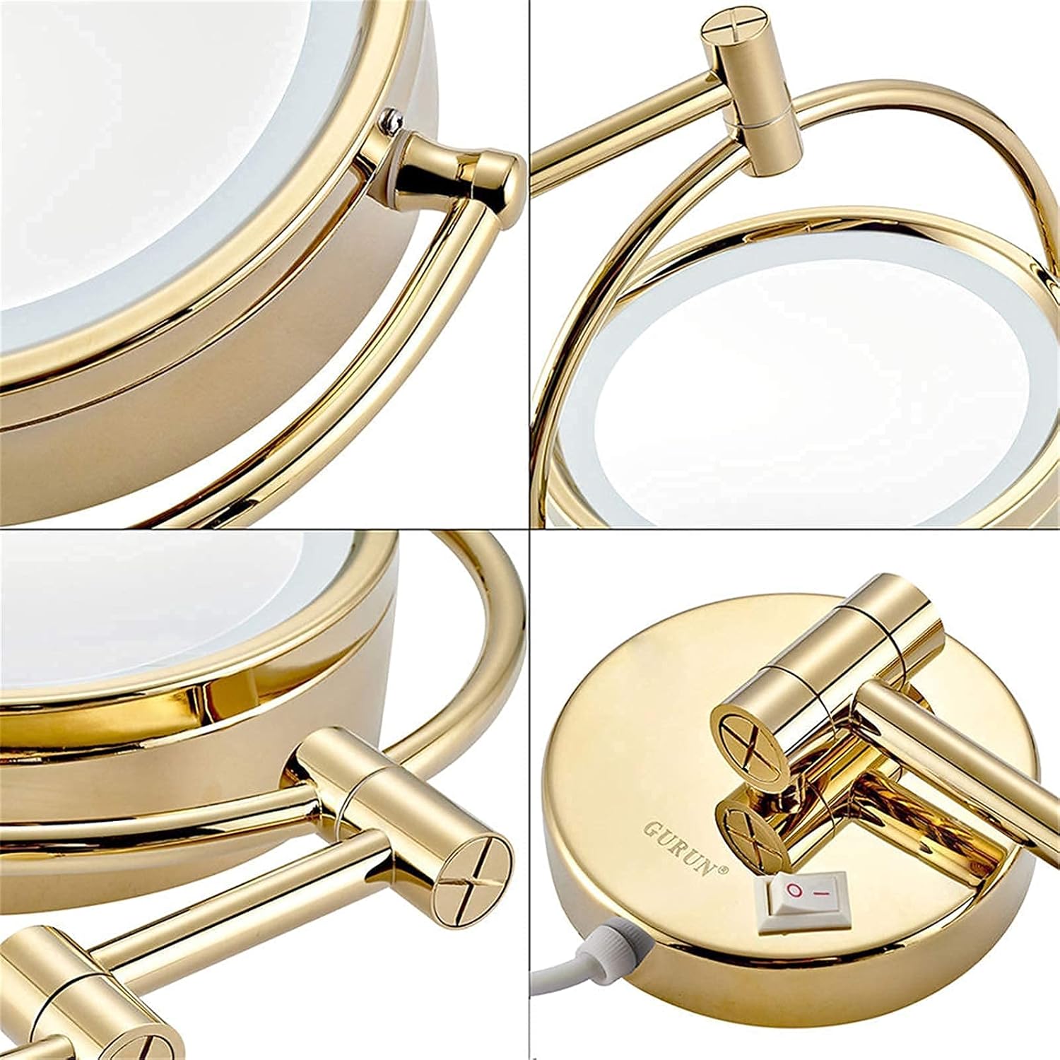 Gold Wall-Mounted Makeup Mirror with Swivel Extension and LED Light