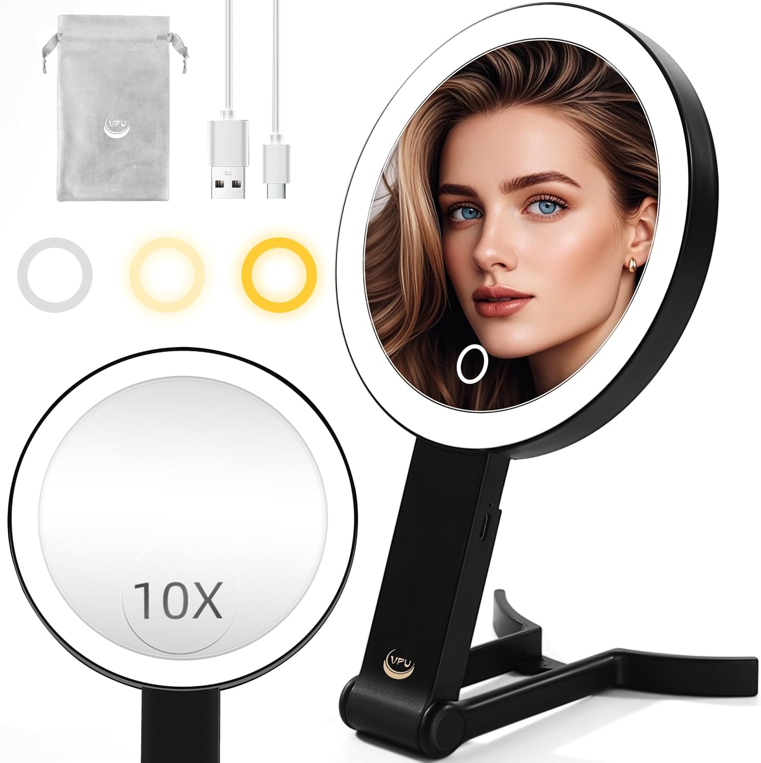 Compact Travel Makeup Mirror for Women with 3 Lighting Modes