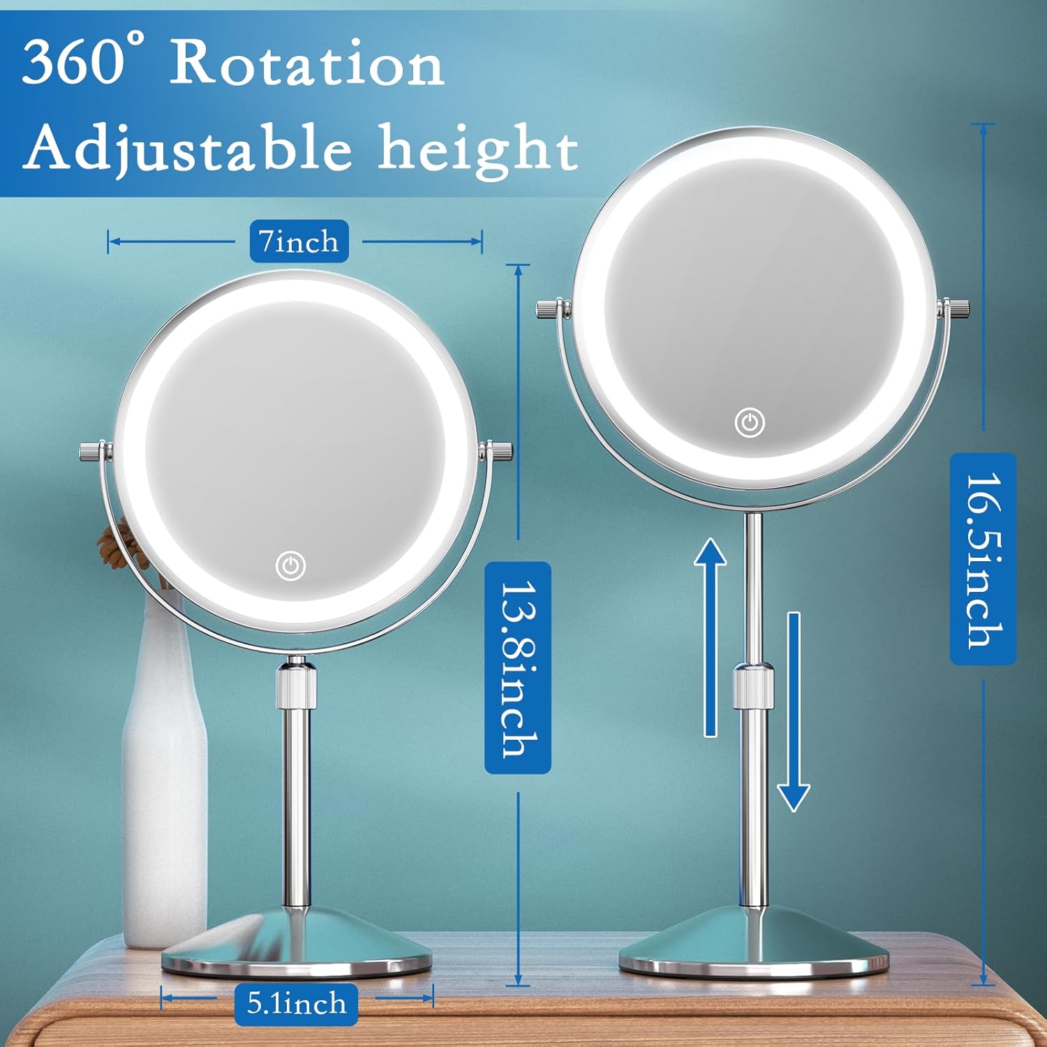 Vanity Mirror with Lights 7 Rechargeable 1x10x Lighted Makeup Mirror