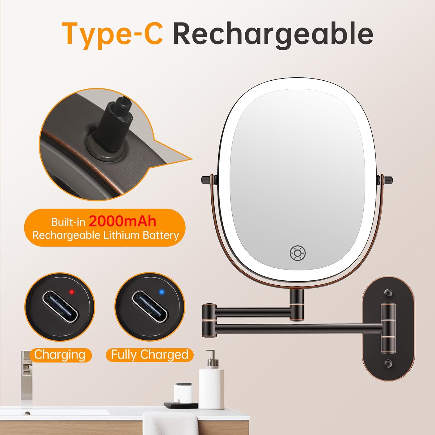 Rechargeable LED Wall-Mounted Makeup Mirror with 7x Magnification