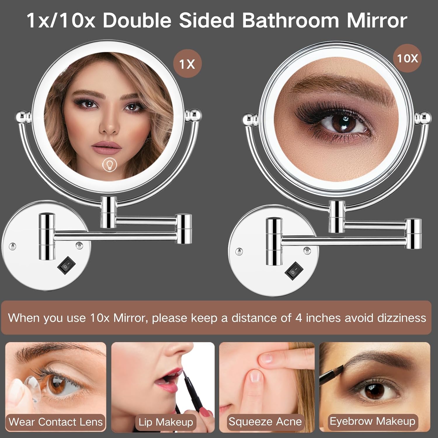 10-Inch wall-mounted Lighted Makeup Mirror with 1x 10x Magnification