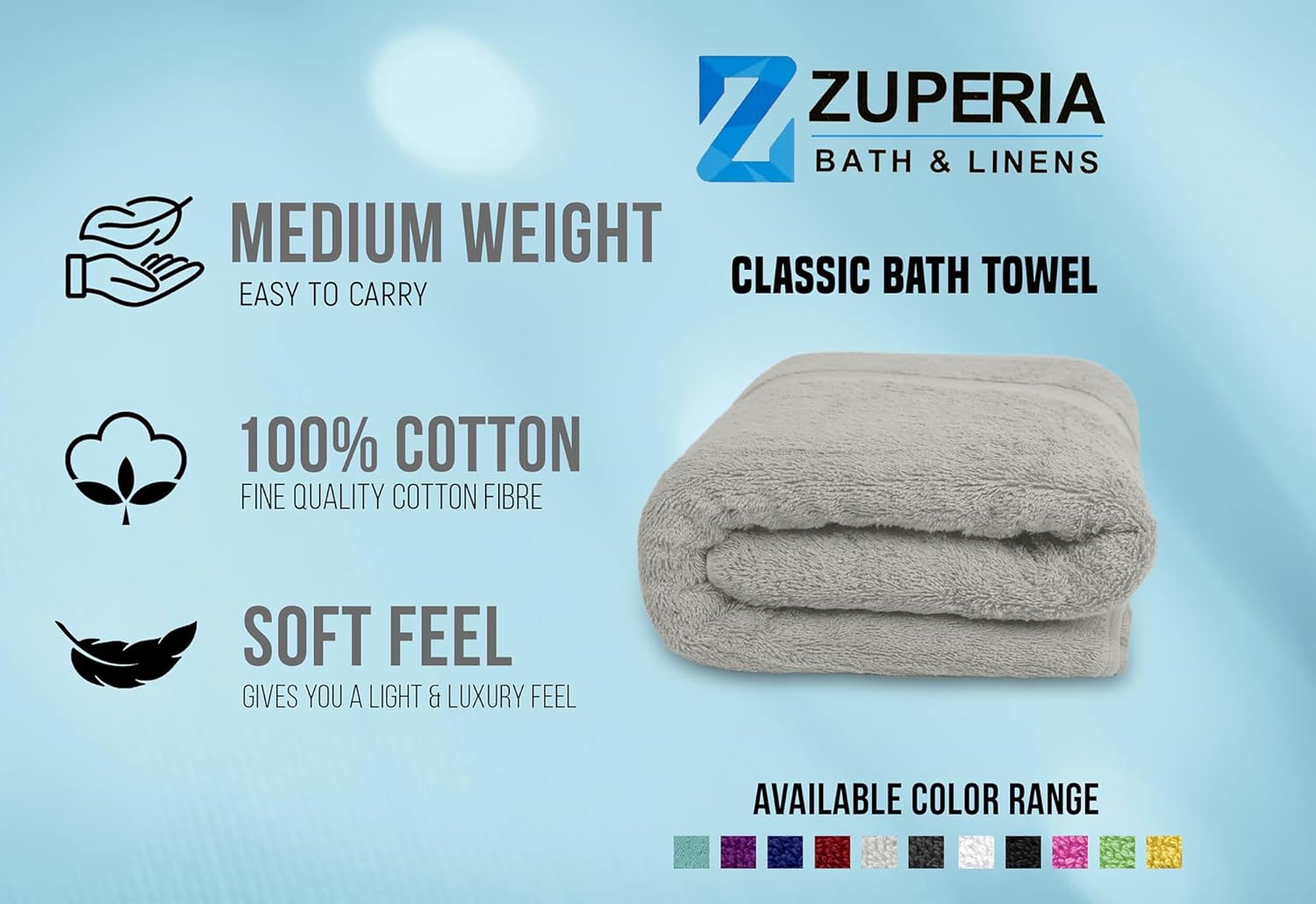 Zuperia Premium 100 Cotton Lightweight Absorbent 30x60-inch 4-Pack Cloud Grey