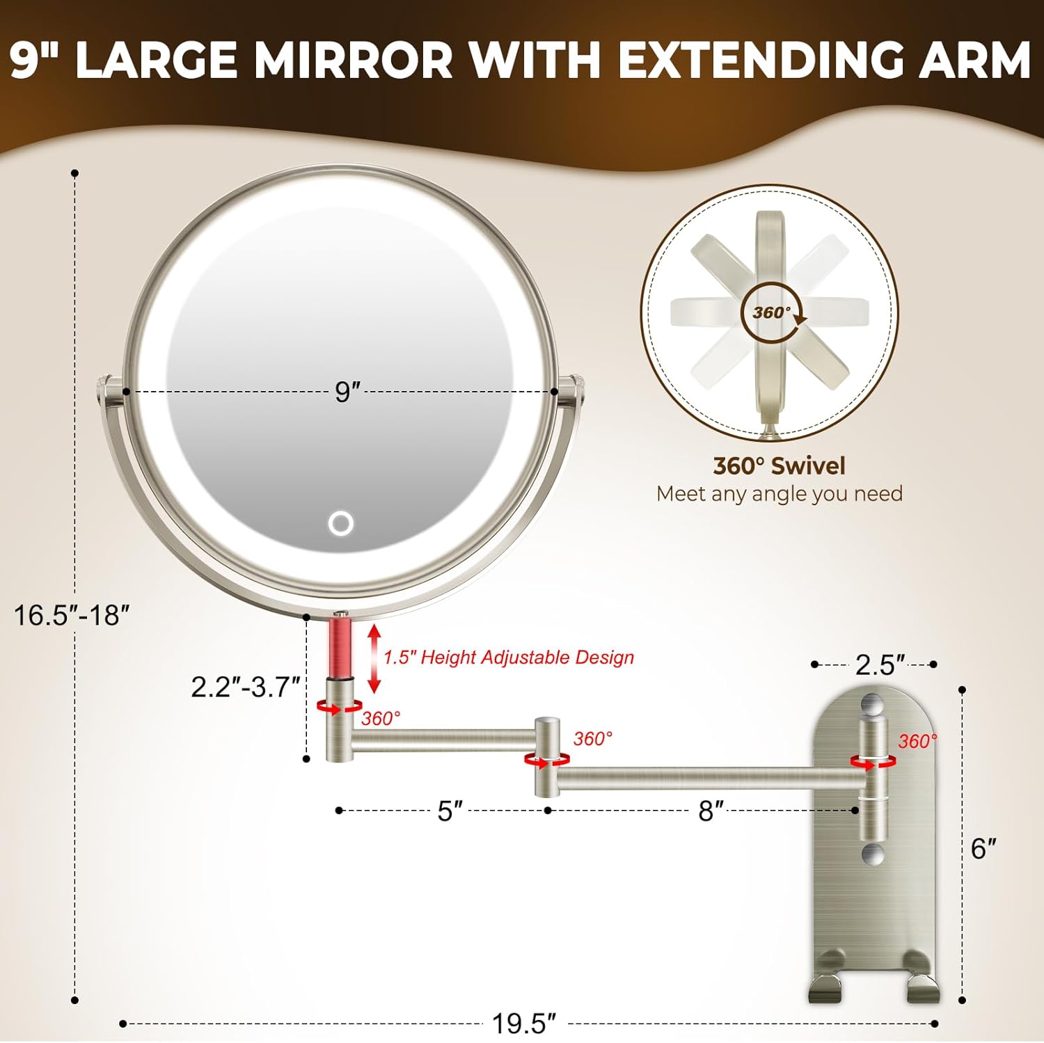 Vivid Lighted Makeup Mirror with 360 Rotation Rechargeable Battery and 10X Magnification