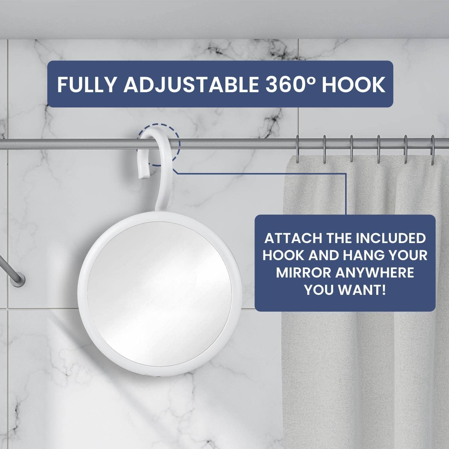 Mirrorvana - Hangable Round Fogless shower mirror with 360 Swivel Rotatable Hook