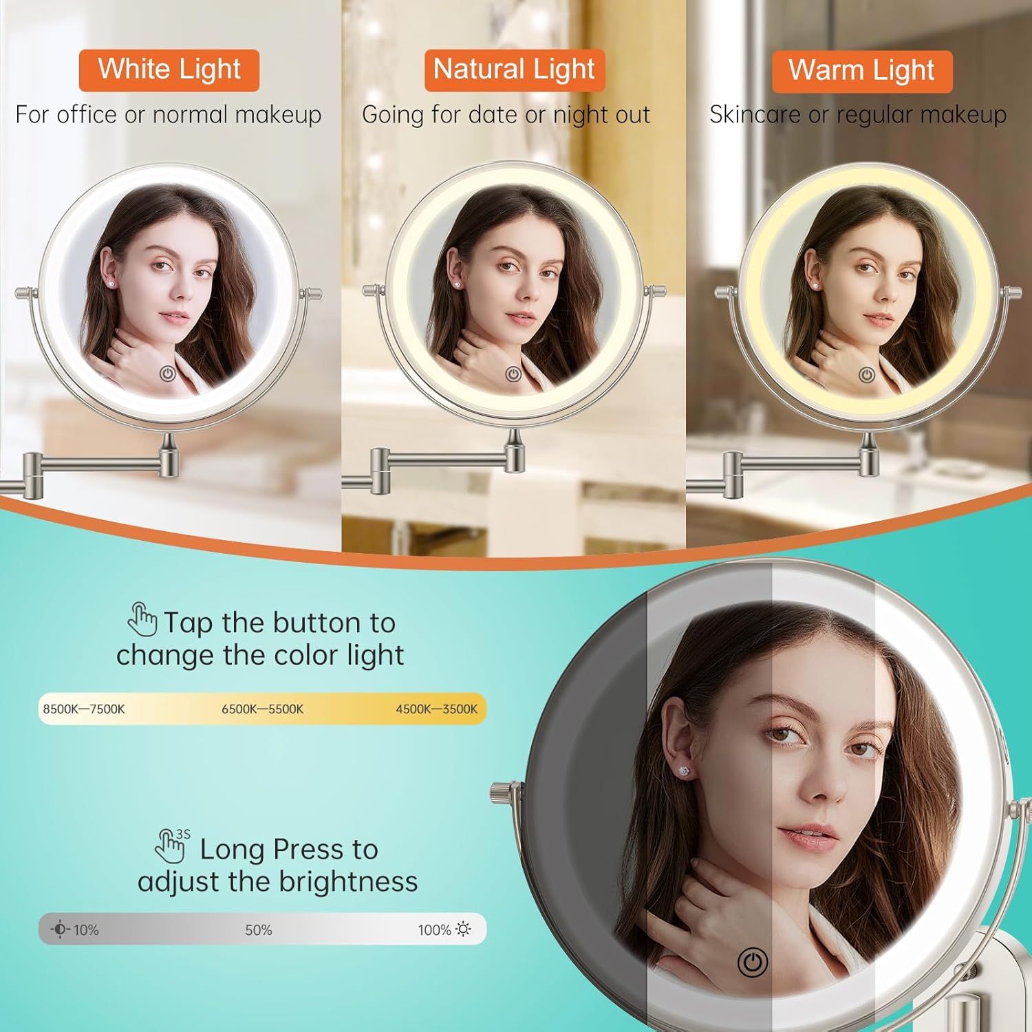 Wall-Mounted Lighted Makeup Vanity Mirror With Rechargeable Battery 360-Degree Rotation
