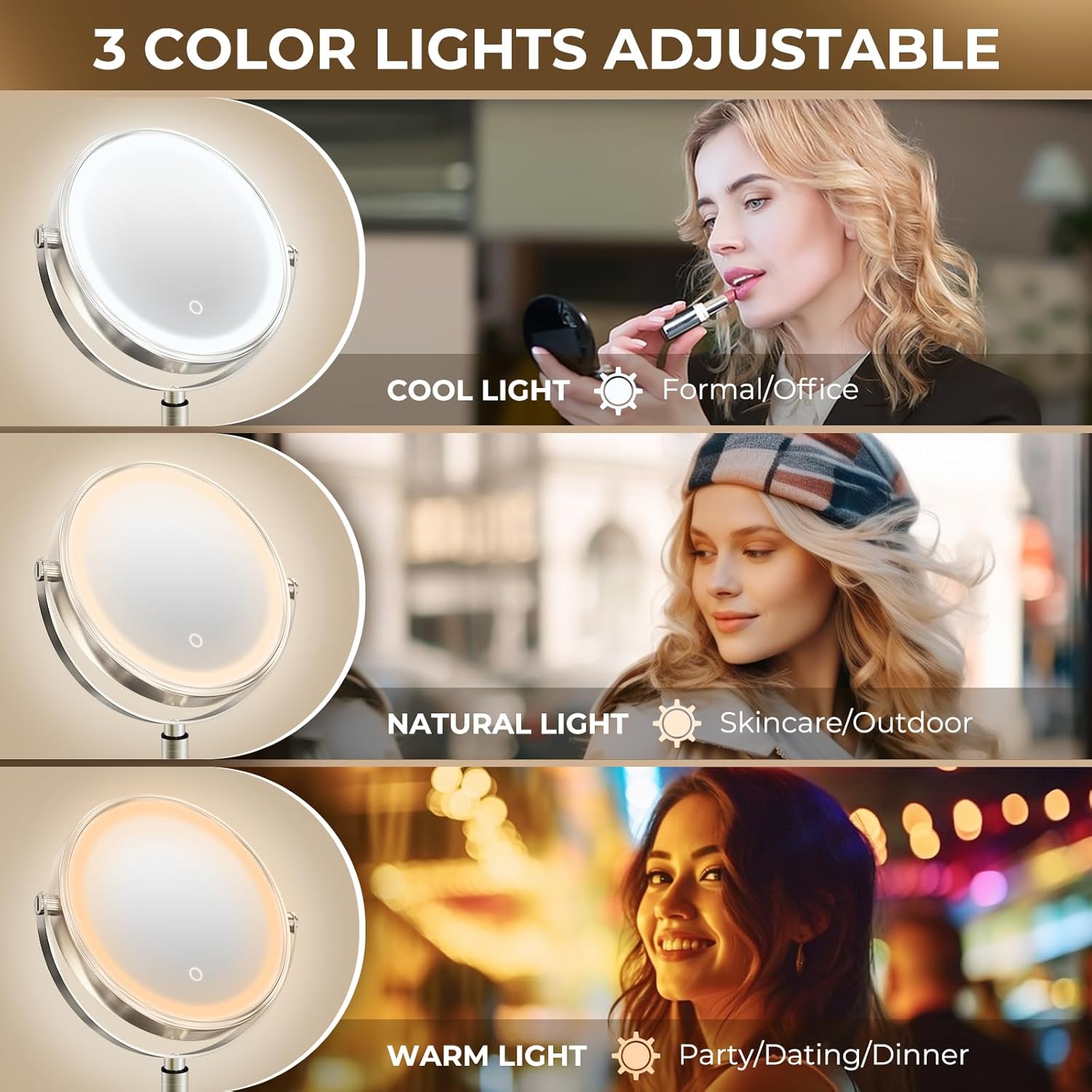 Vivid Lighted Makeup Mirror with 360 Rotation Rechargeable Battery and 10X Magnification