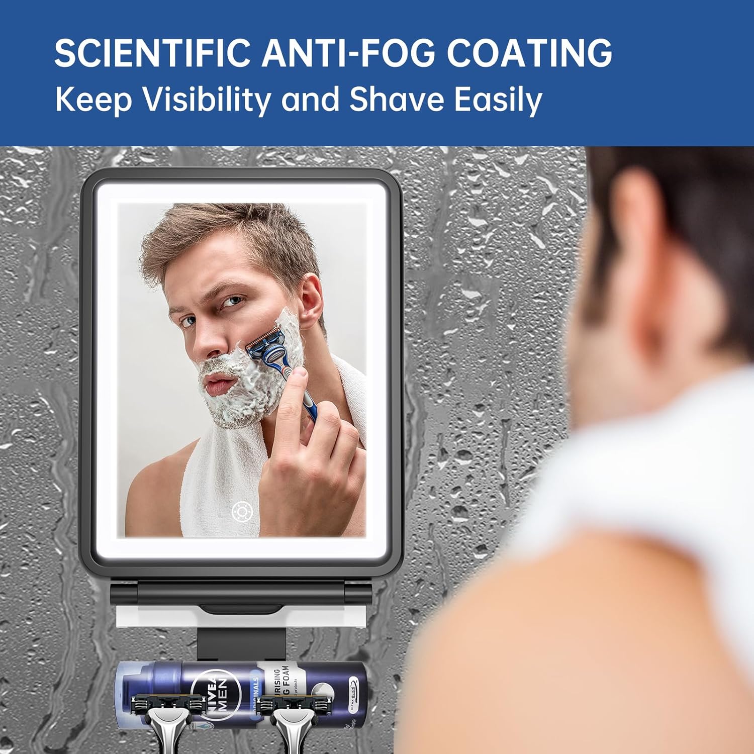No Fog shower mirror with Squeegee 3-light modes
