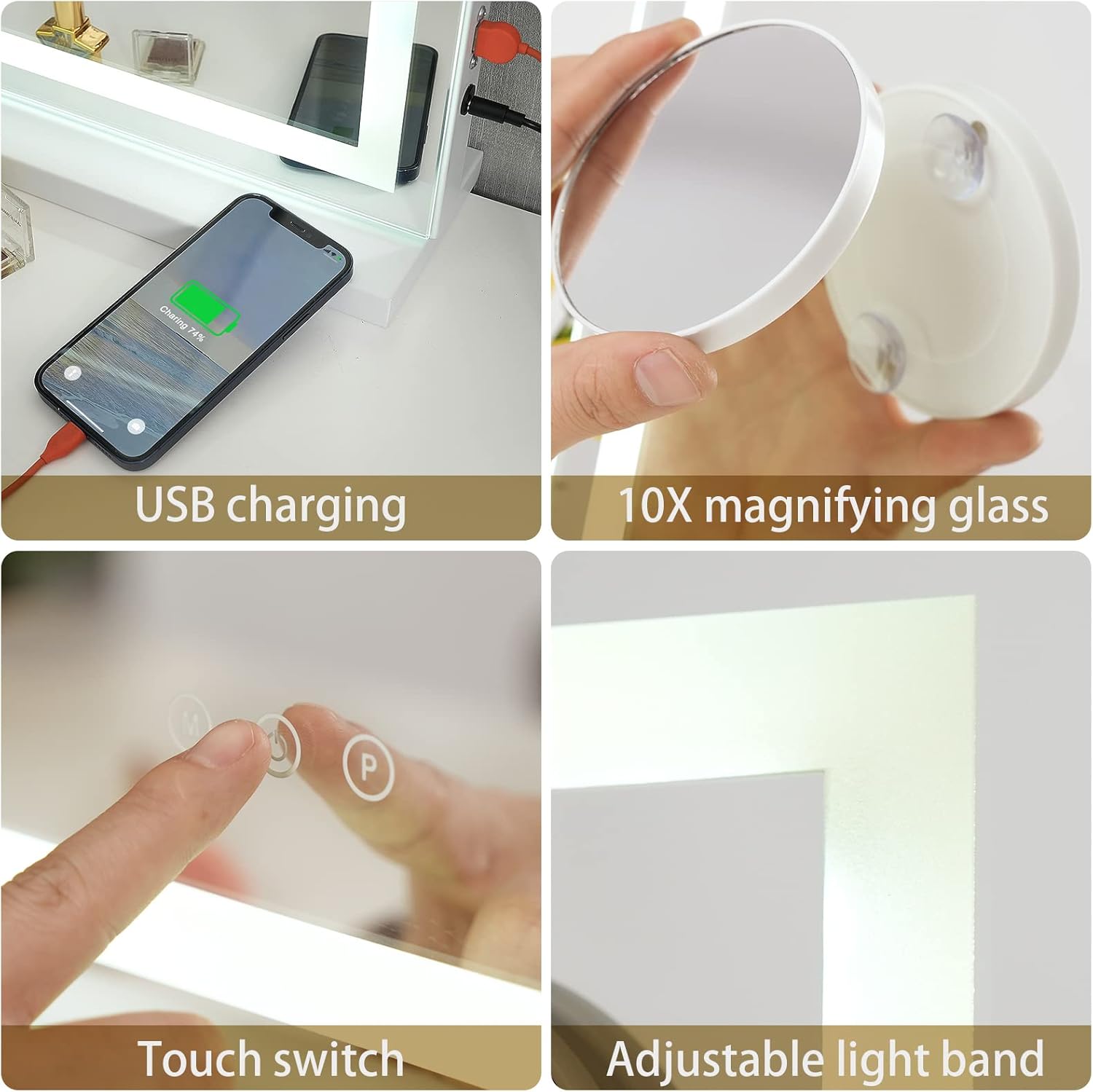 Sucedey Vanity Mirror Touch Screen Adjustable Lighting Detachable 10X Magnifier