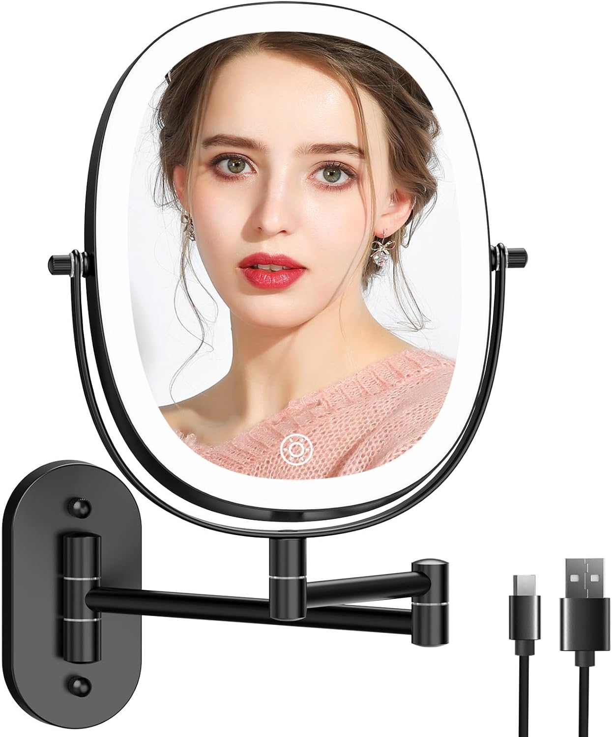 Durable Wall-Mounted Makeup Vanity Mirror with Rechargeable LED 1x7x Magnification