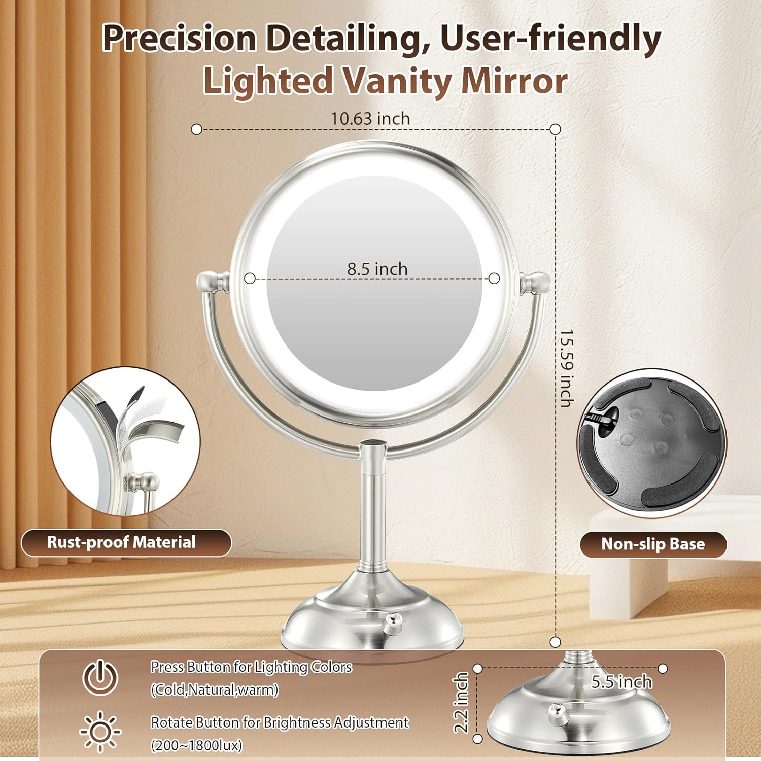VESAURProfessional 85Large Lighted Makeup Mirror Pearl Nickel