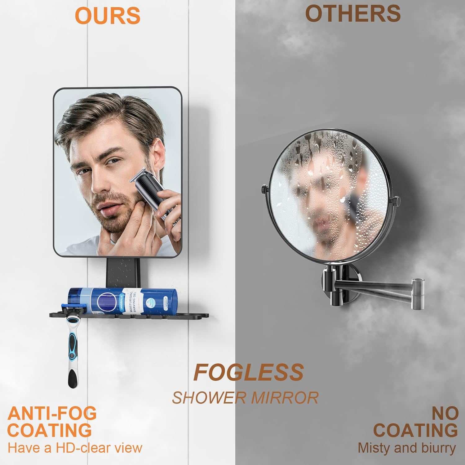 Fogless Shower Mirror with Razor Holder Anti-Fog Space-Saving Antibacterial