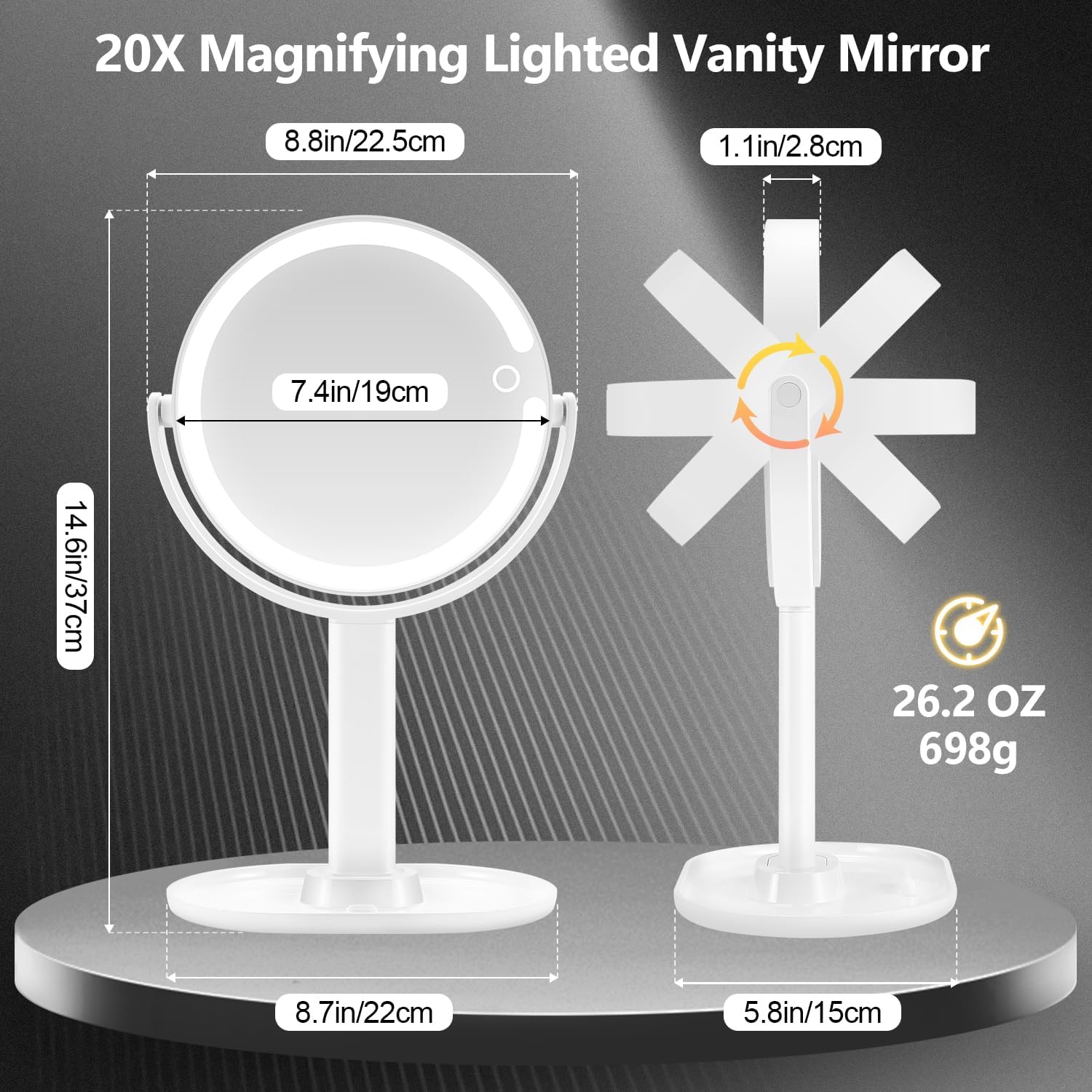 Perfect Dual-Sided 1x20x Magnifying Mirror with Lights Touch Switch