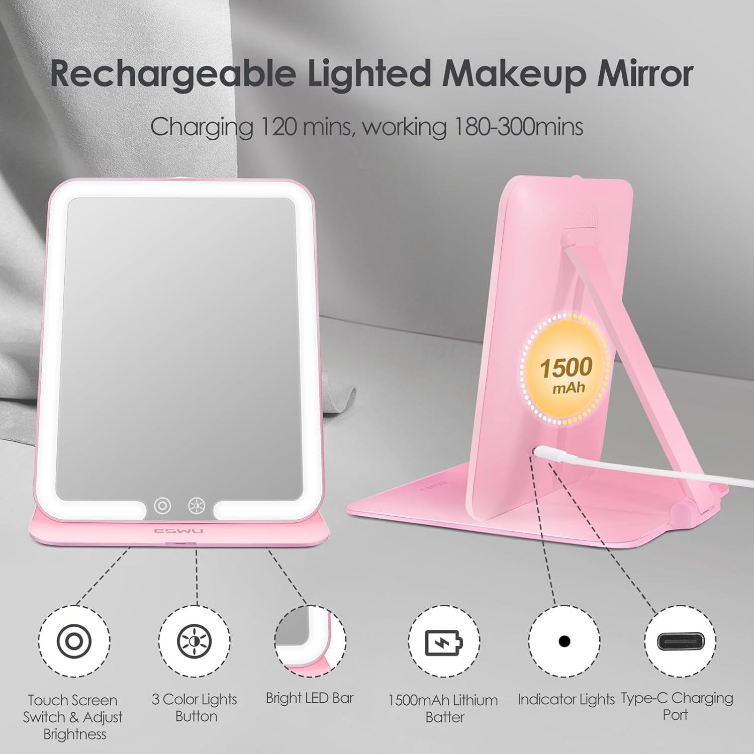 ESWU Compact Folding Travel Makeup Mirror with Light