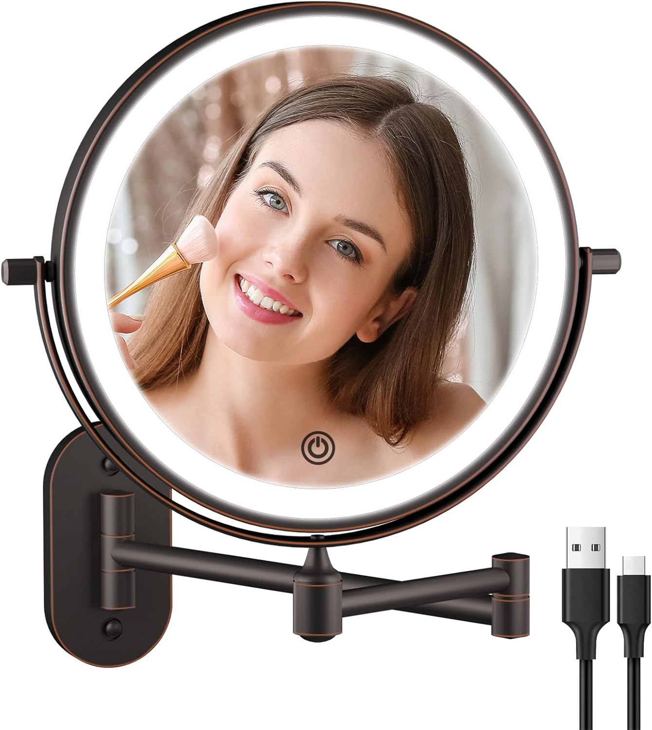 FUNTOUCH Rechargeable Wall Mount Makeup Mirror 8 Inch Double Sided 10X Magnification