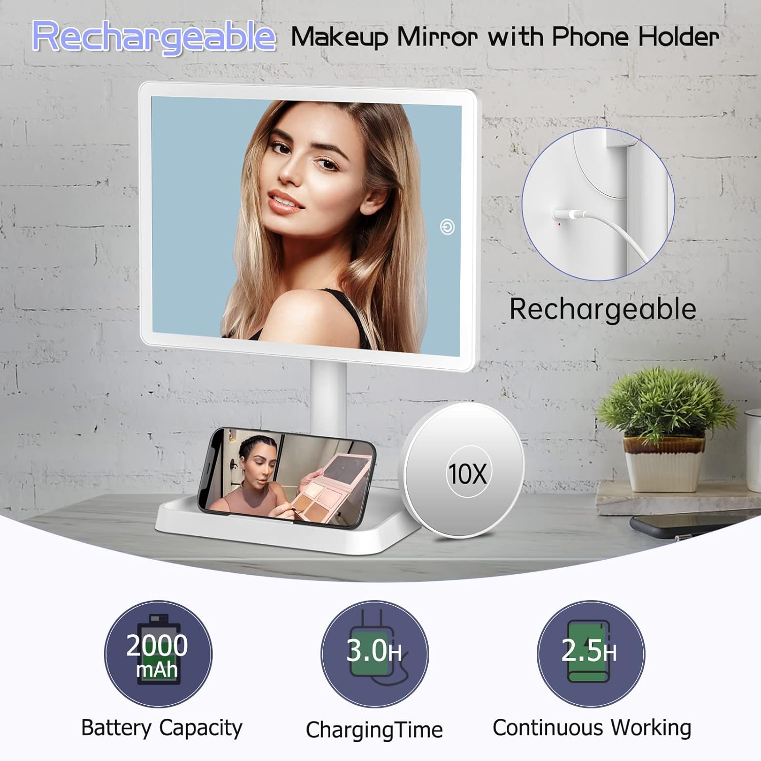 FUNTOUCH Rechargeable Makeup Mirror with Lights Phone Holder