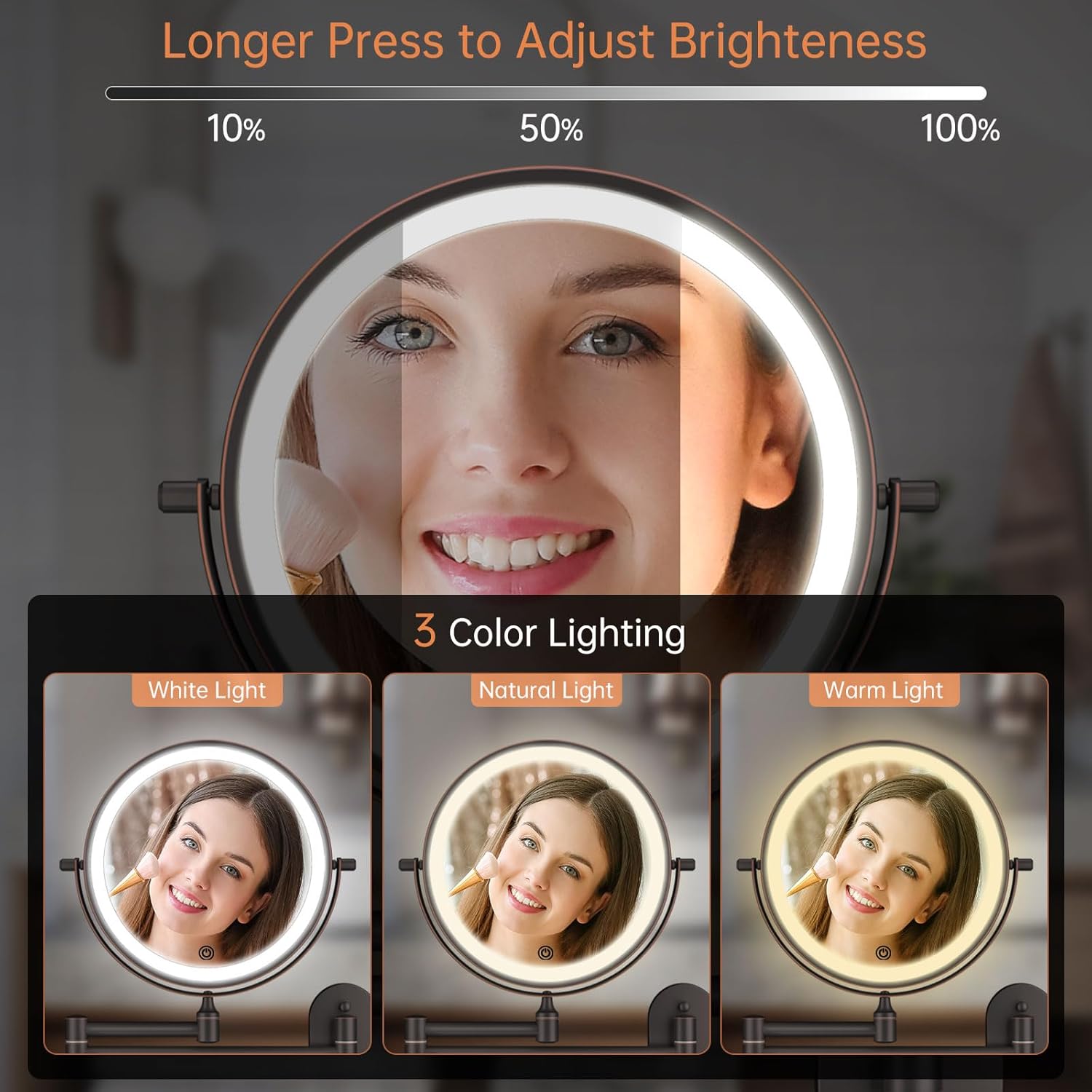 FUNTOUCH Rechargeable Wall Mount Makeup Mirror 8 Inch Double Sided 10X Magnification