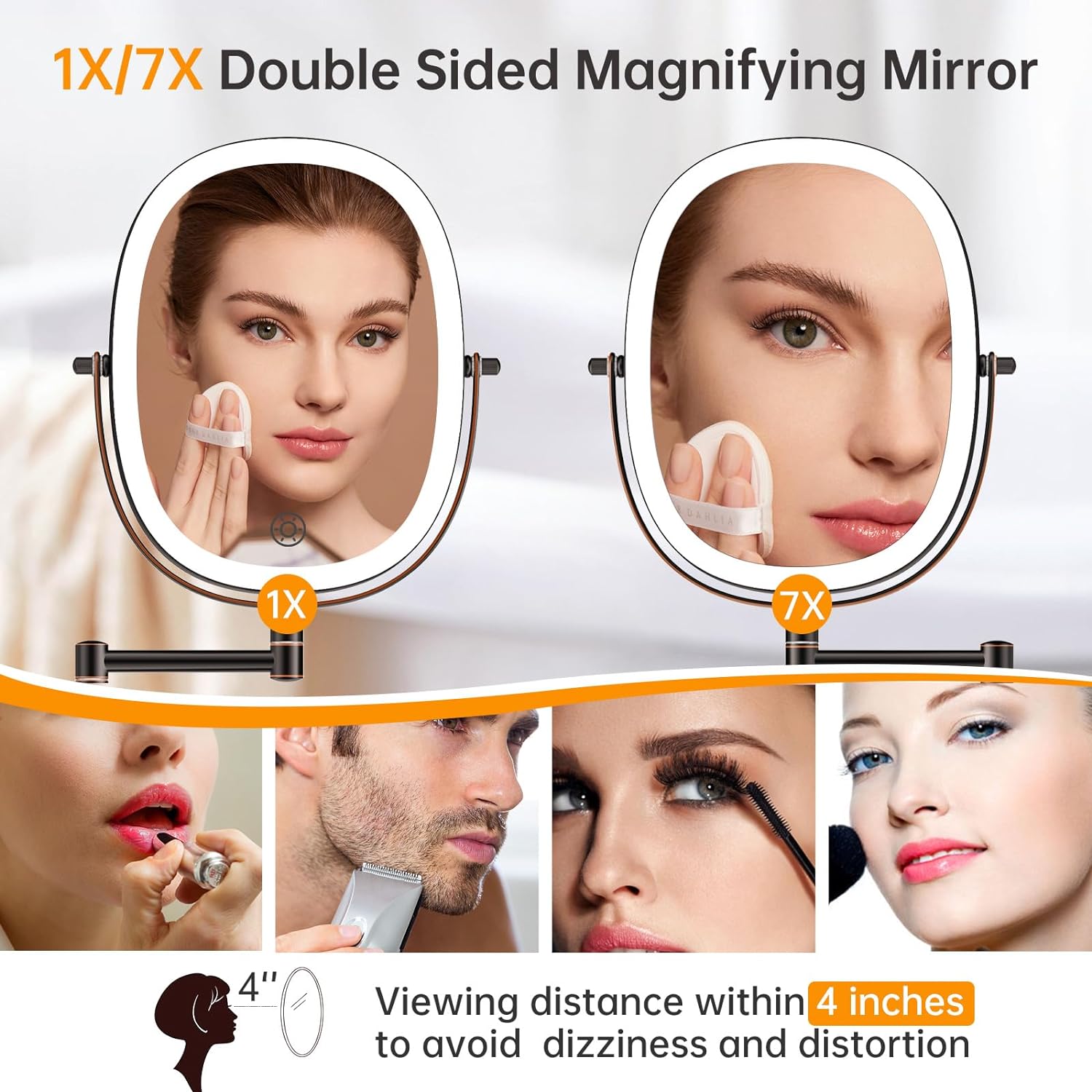 Rechargeable LED Wall-Mounted Makeup Mirror with 7x Magnification