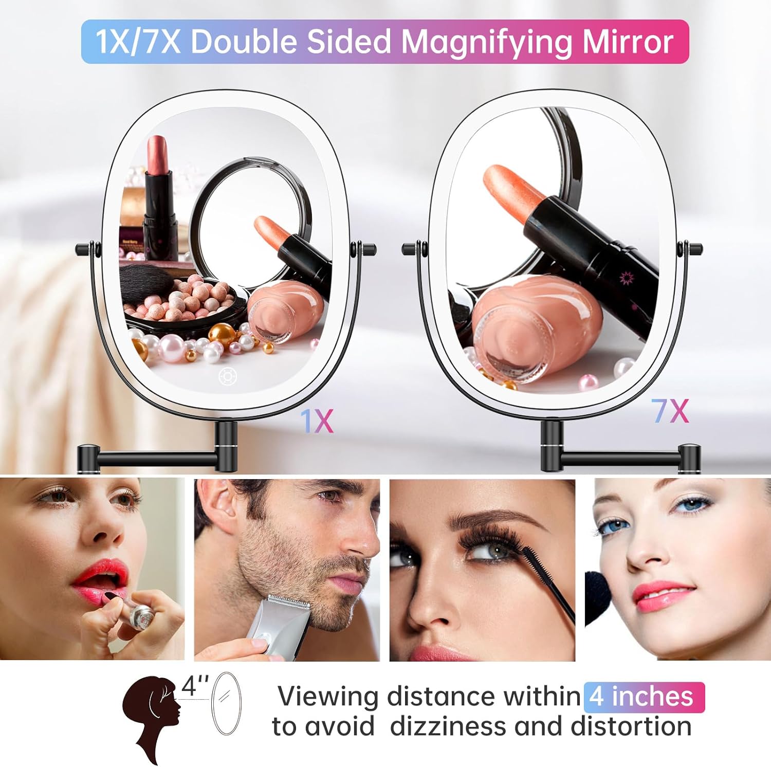 Durable Wall-Mounted Makeup Vanity Mirror with Rechargeable LED 1x7x Magnification