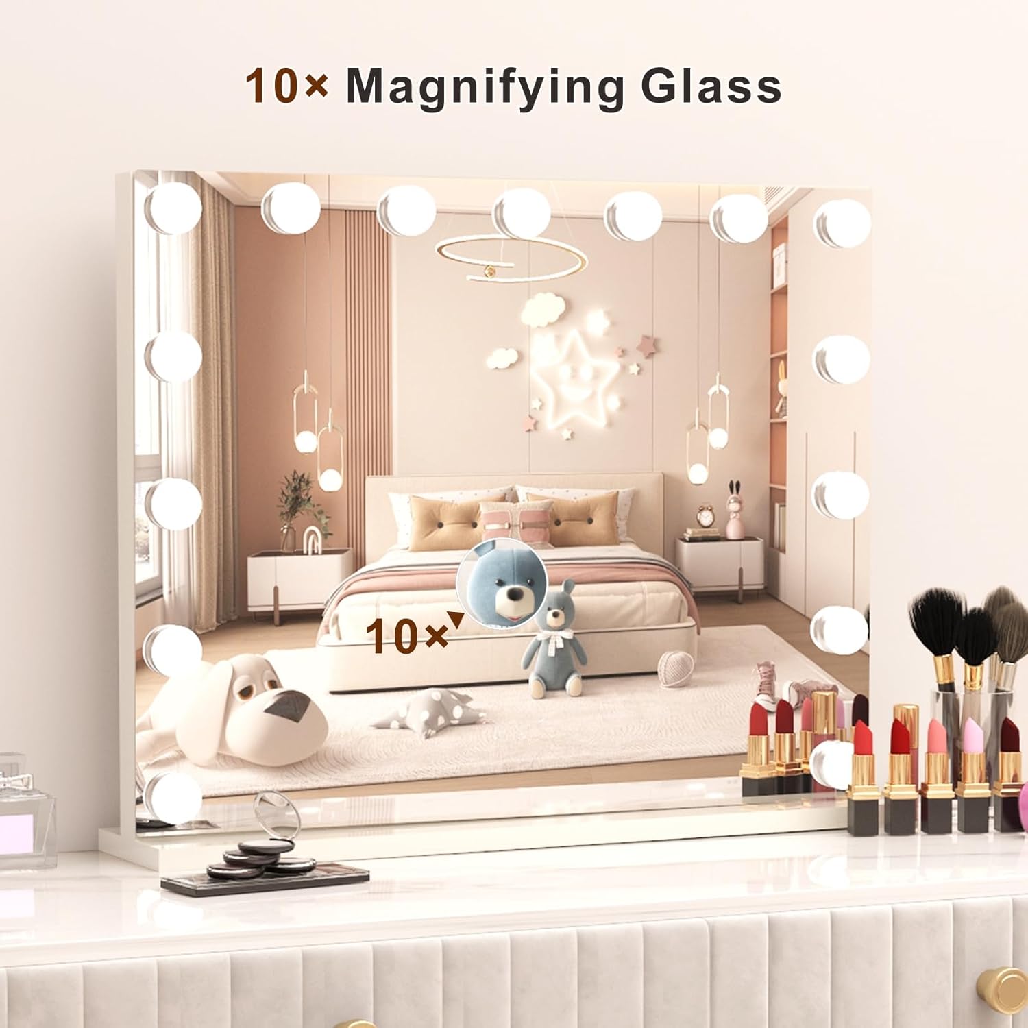 LOMRECS Vanity Mirror with 15 Dimmable Led Bulbs and USB Touch Control