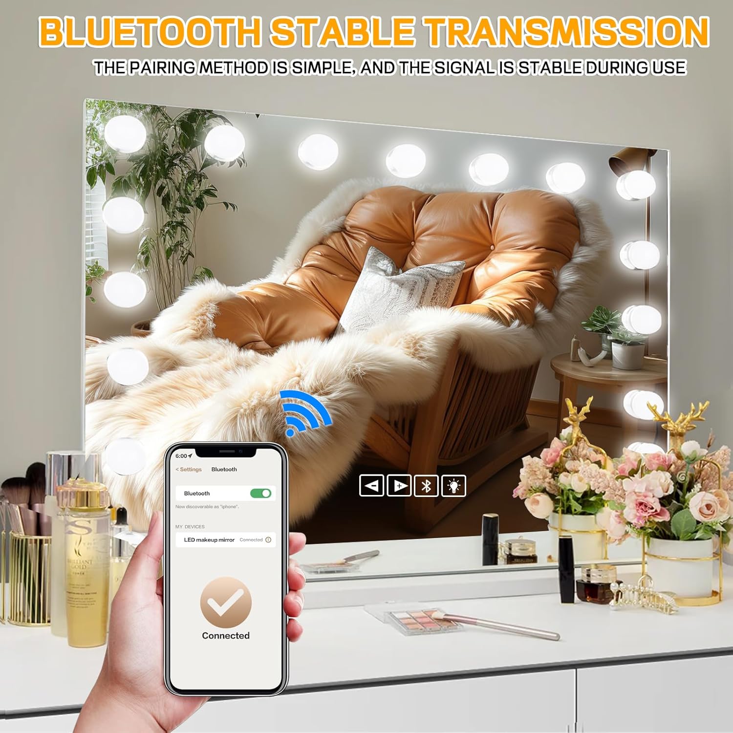 Stylish Vanity Mirror with Bluetooth Music LED Lights