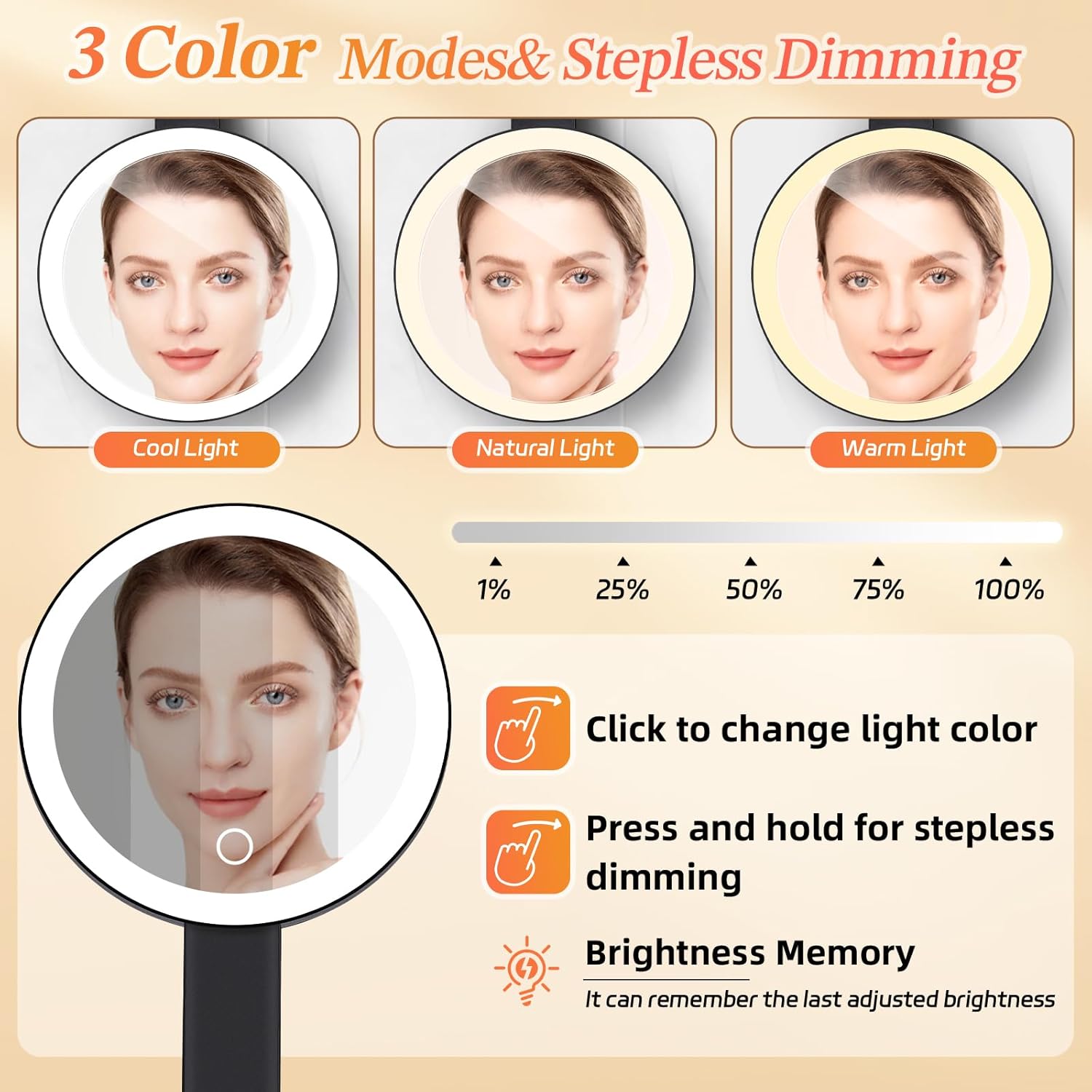 Compact Travel Makeup Mirror for Women with 3 Lighting Modes