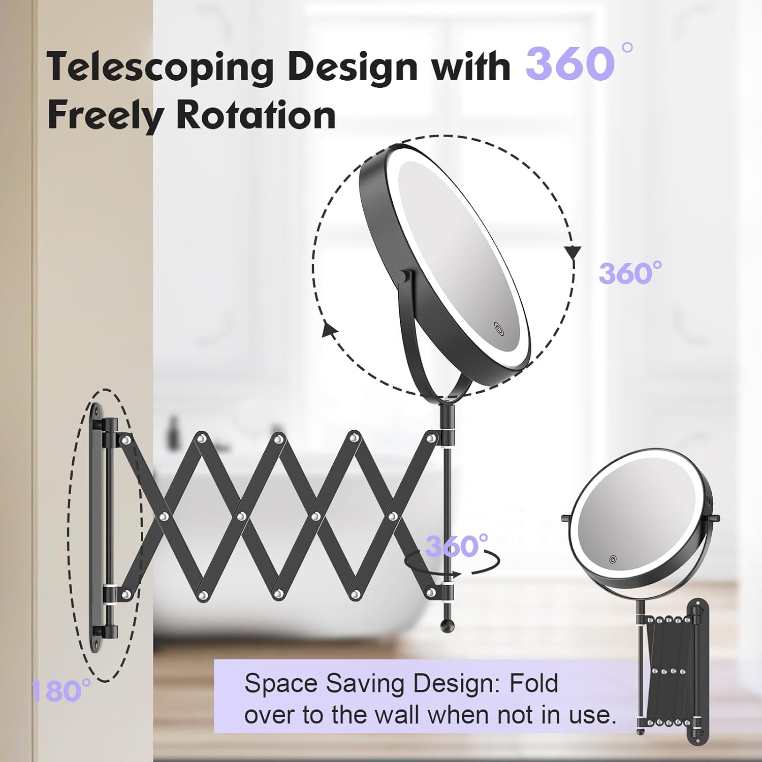 Freely Rotate 360 8X-10X MagnifyingDimable LightsPortableWall-Mounted MakeupMirror
