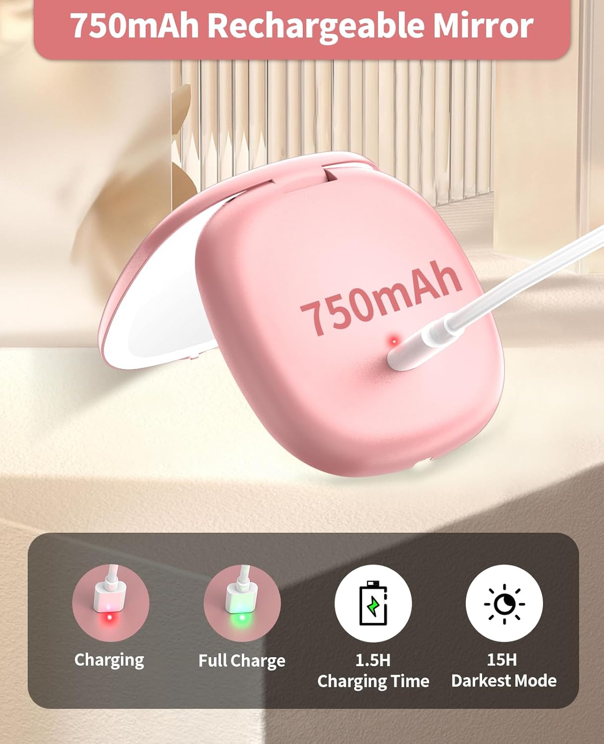 Wobsion 10x Travel Mirror with Light Rose Gold 4in